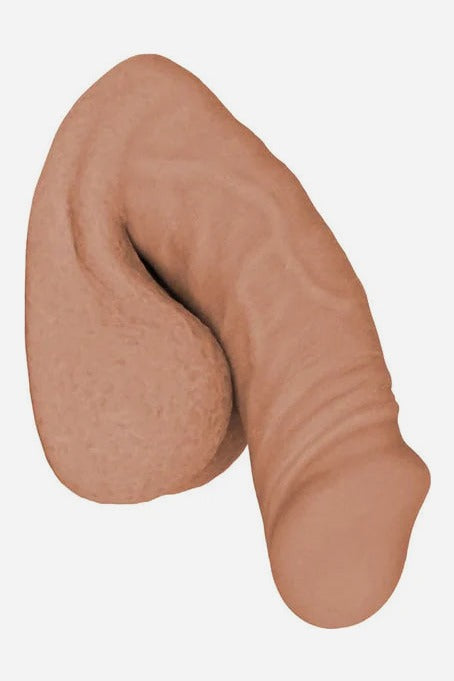 FreeForm 4 inch silicone packer in the Light Caramel skin tone, a soft squishy realistic packer with a matte finish and lifelike detail