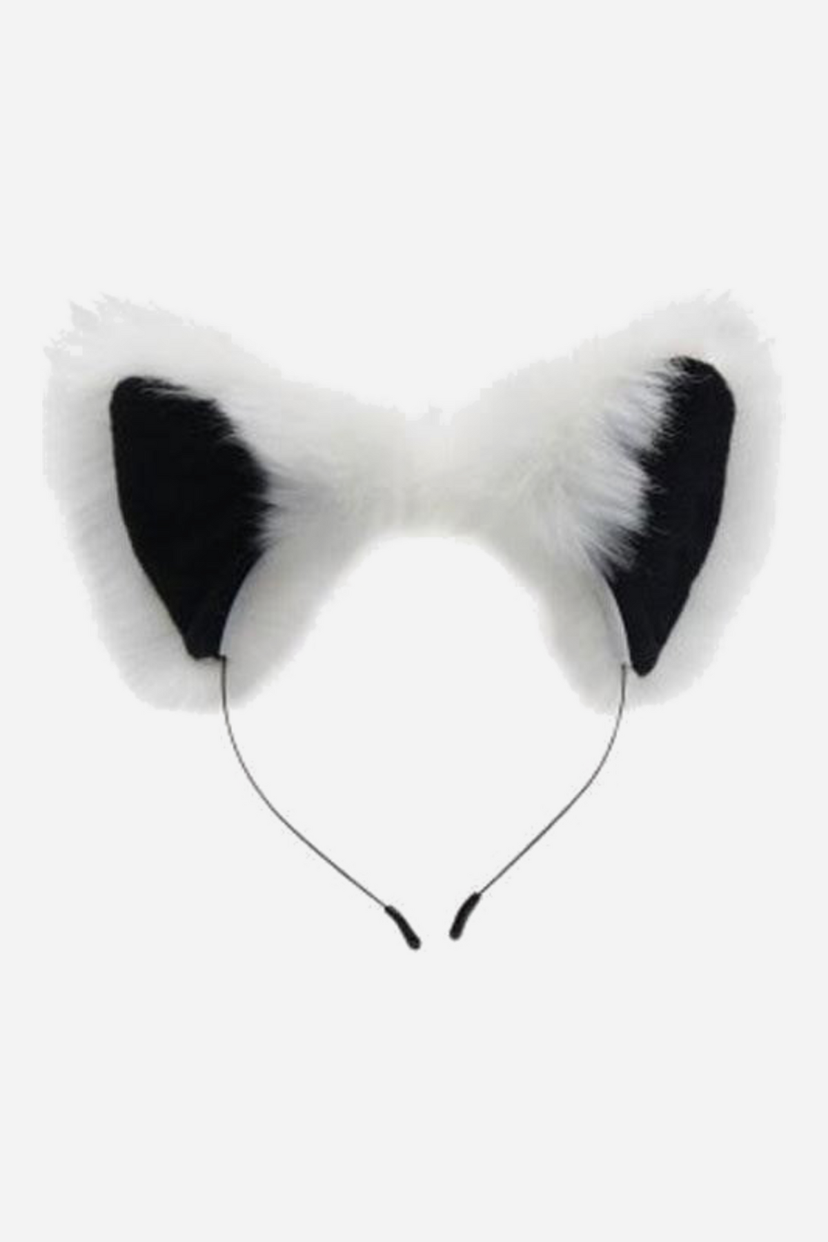Fluffy white faux fur fox ears with black inner fur, mounted on a thin black wire headband, shown from the front on a plain light background