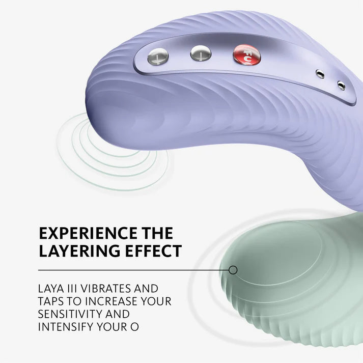 info image shows the laya iii and text says "experience the layering effect the laya iii vibrates and taps to increase your sensitivity and intensity your orgasm