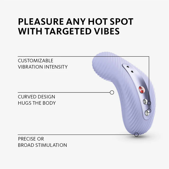 shows a textured laya iii and bullet points with additional info read: pleasure any hot spot with targeted vibes. customizable vibration intensity, curved design hugs the body, precise or broad stimulation