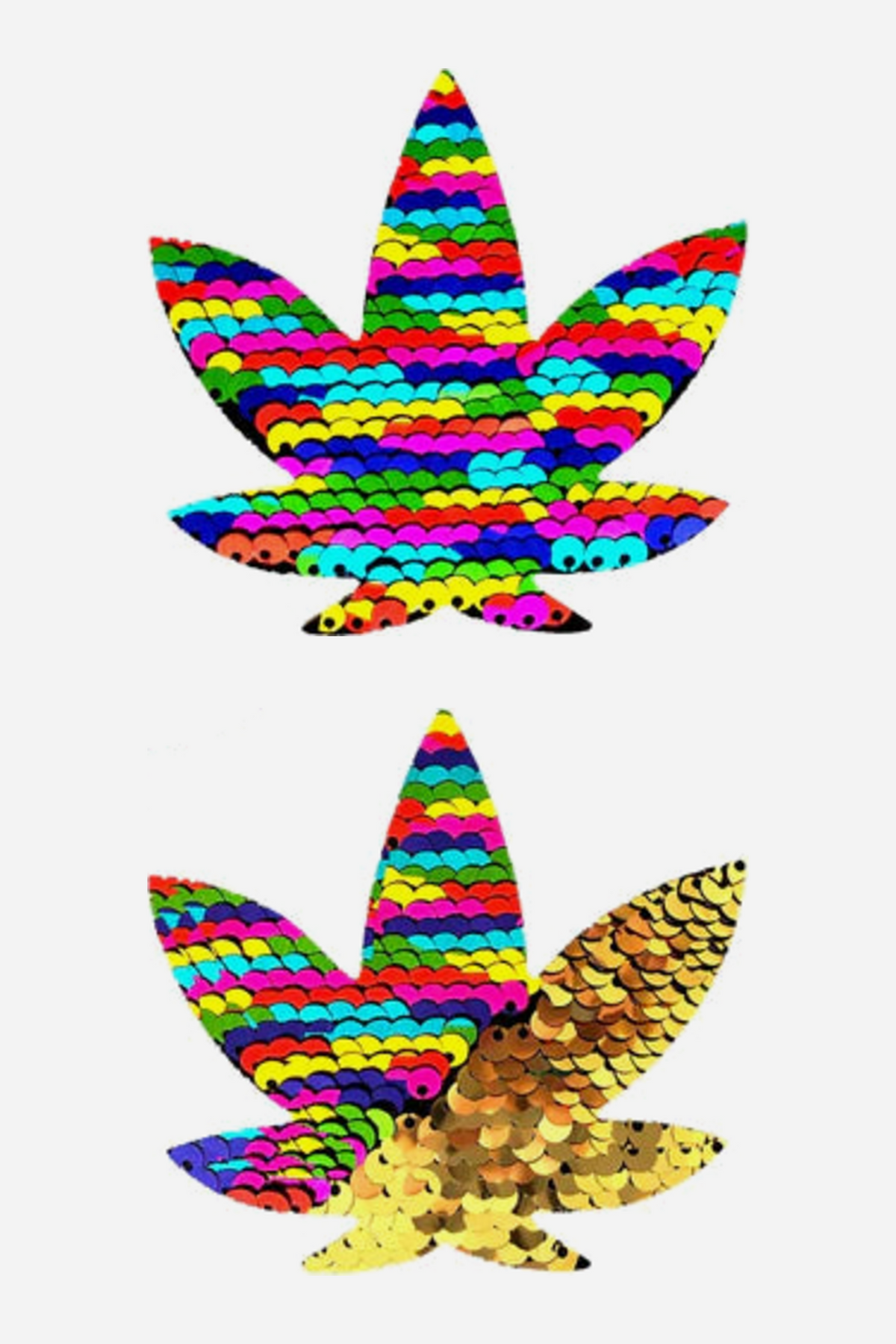 Pair of weed leaf shaped nipple pasties covered in rainbow striped flip sequins, one partly brushed over to show the gold sequin reverse side.