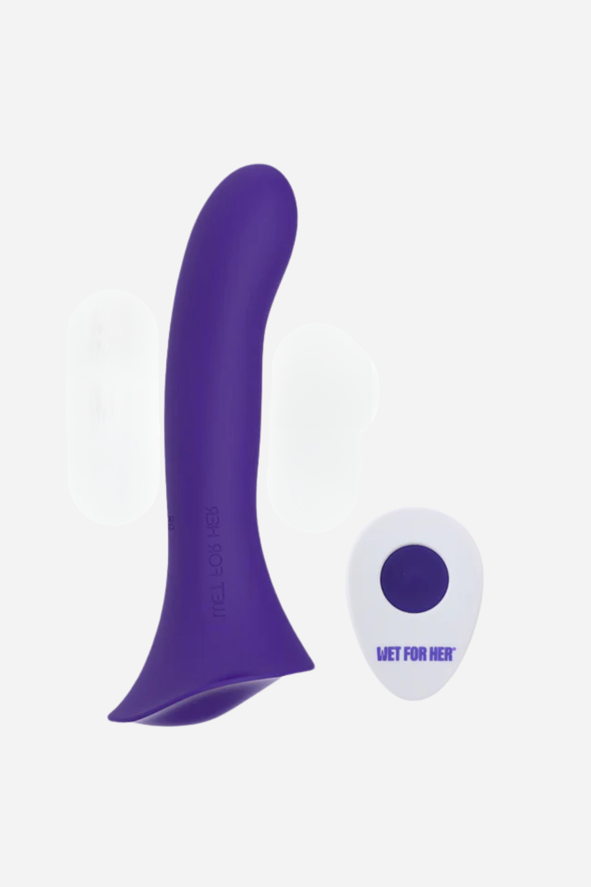 Purple Wet For Her Fusion strap-on dildo with a curved shaft and flared base on grey, beside a white oval remote and two clear pads.