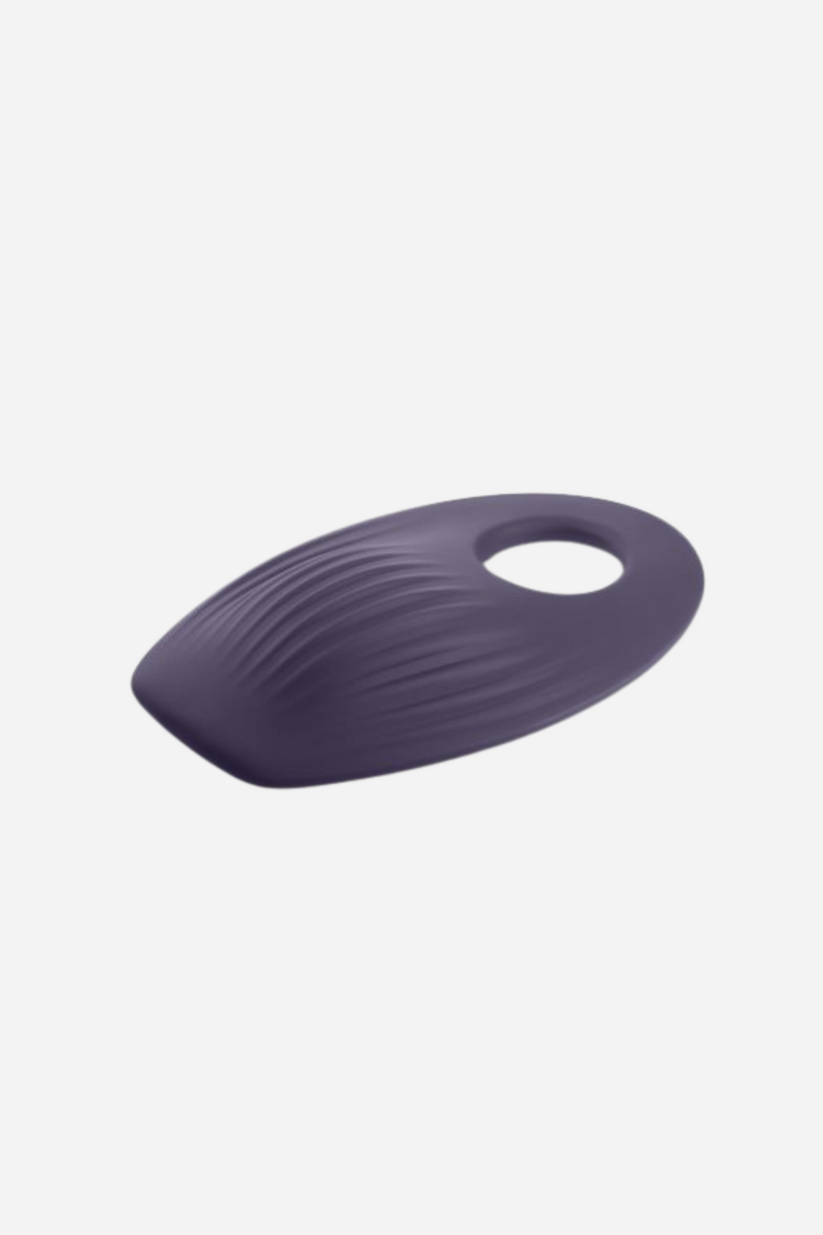 Purple Get In Ya vibrating grinding pad on grey, a ribbed teardrop cushion with a smooth oval opening towards the narrow end.