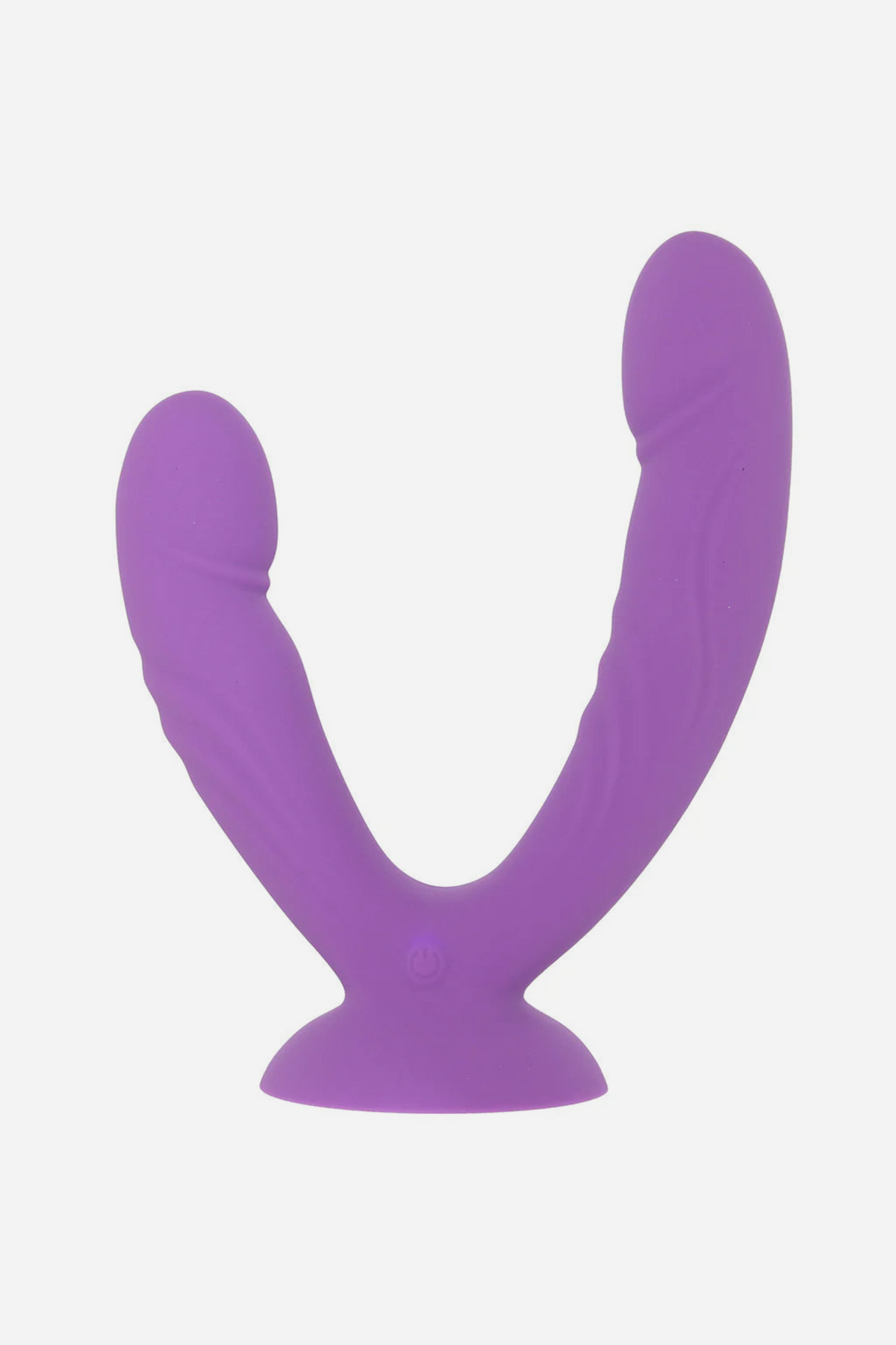 Front view of the purple Get In Ya Dual Dildo standing on its suction cup base, showing the two flexible silicone shafts in a V shape