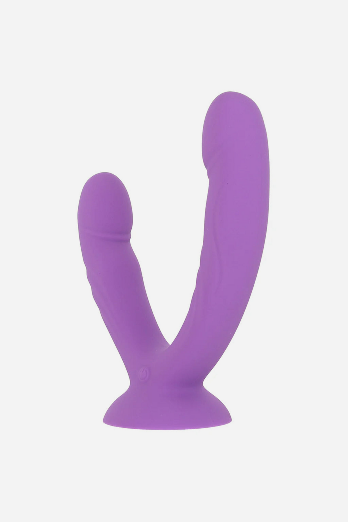 Purple Get In Ya Vibrating Grinding Dual Dildo standing upright, highlighting the textured shafts of different lengths for double penetration