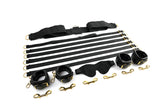 Bondage Essentials kit includes 6 nylon straps, 4 cuffs, gold snap hooks, and a soft blindfold