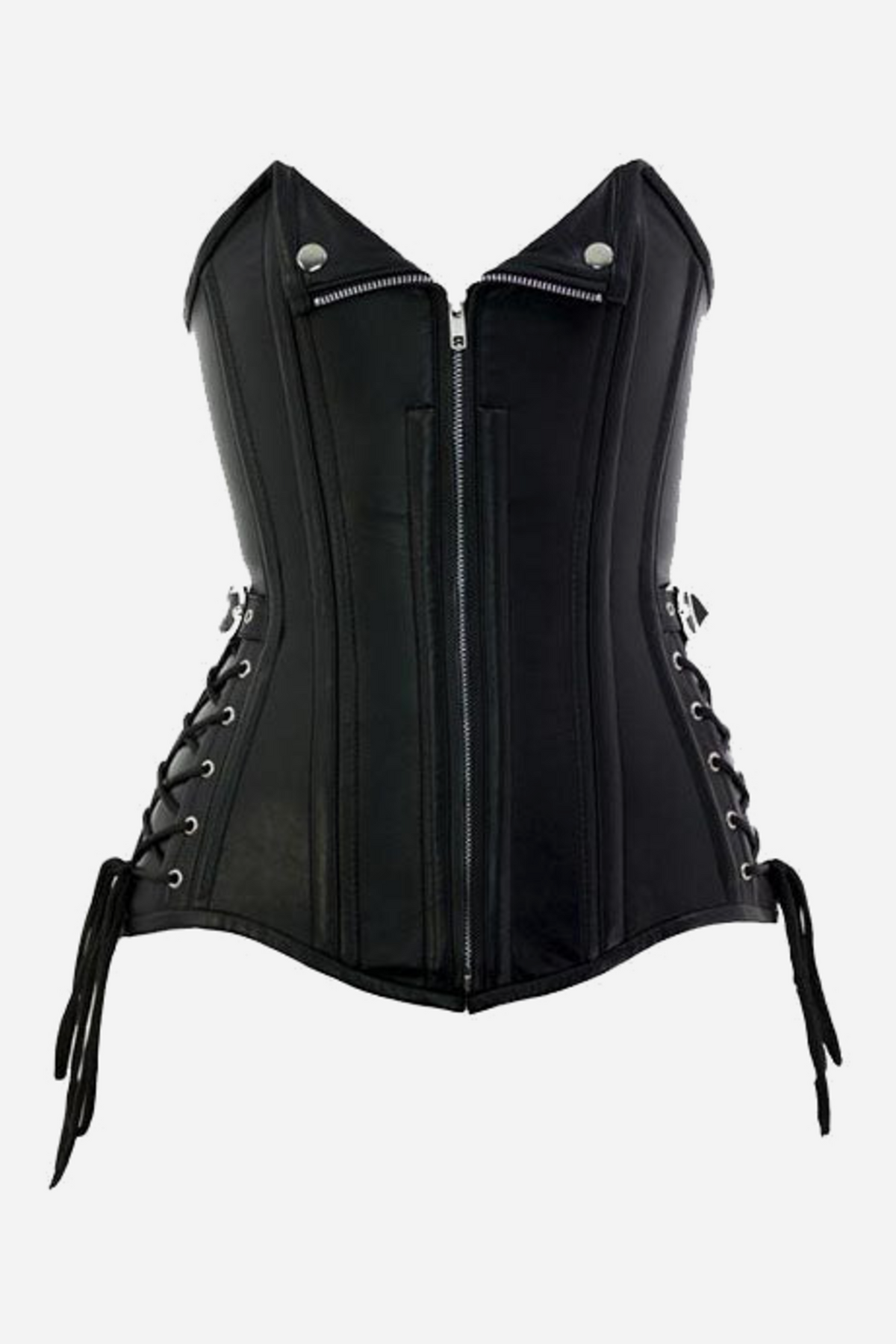 Black leather overbust corset with a sweetheart V-neckline, full-length front zipper and silver hardware, plus lace-up cinchers with ties at each hip