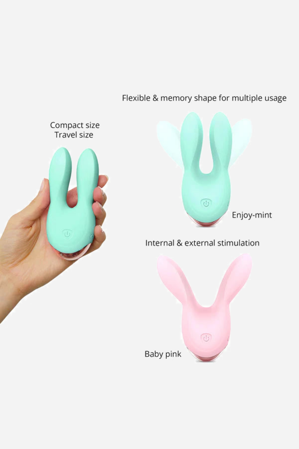 The mint vibe held in a hand to show its compact size, with callouts for its flexible shape, internal and external use and the pink option.