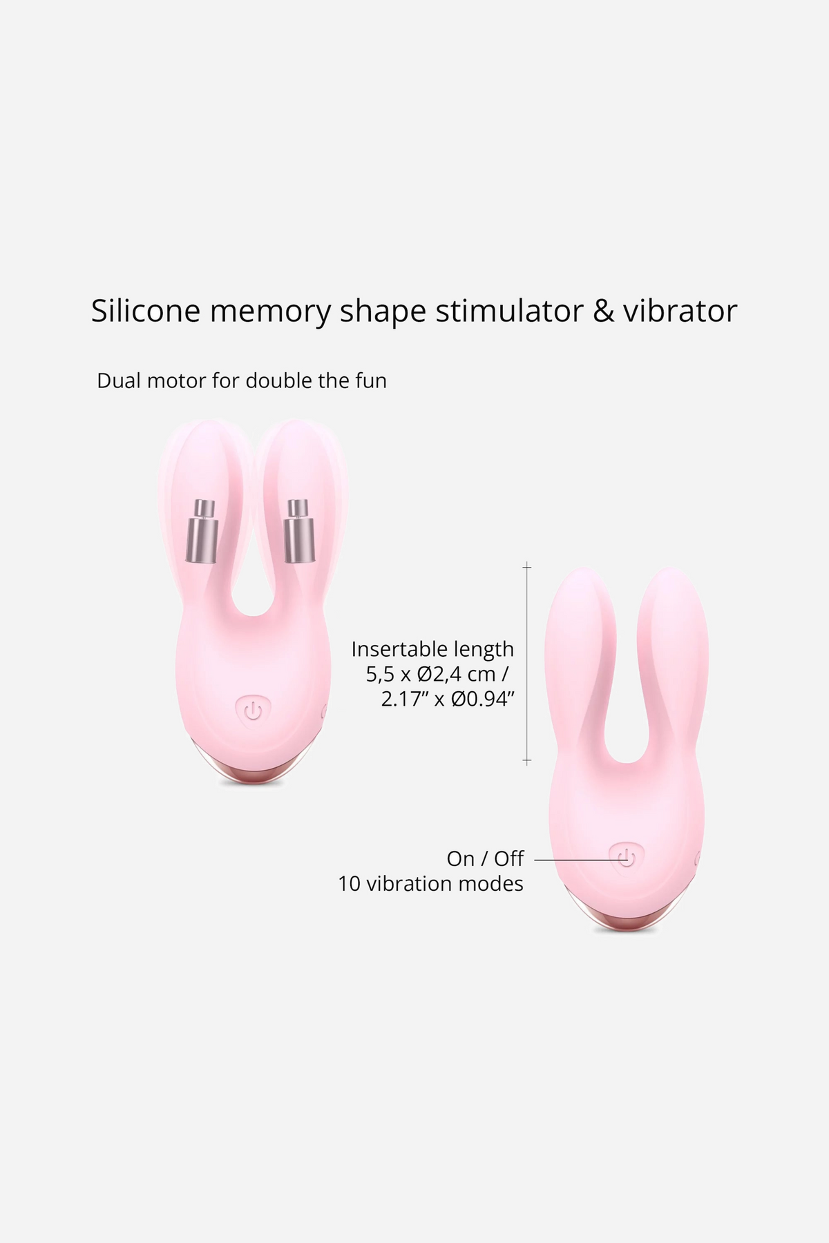 A spec diagram of the rabbit ears vibe giving its insertable length, overall dimensions, the on and off button and ten vibration modes.