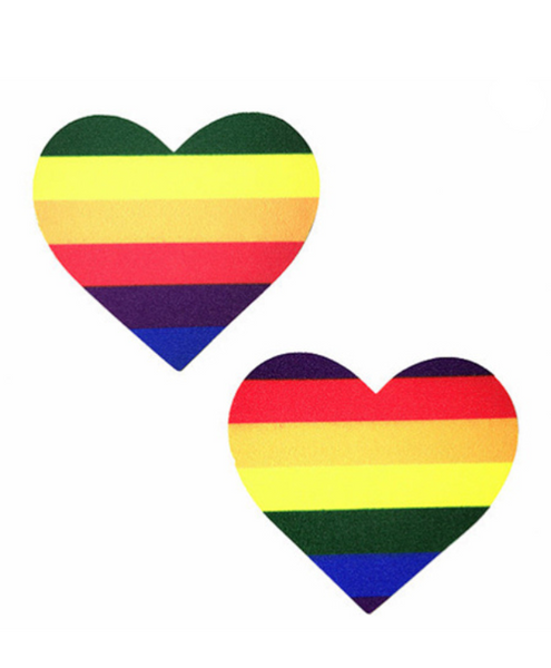 two heart shaped adhesive nipple covers with rainbow stripes