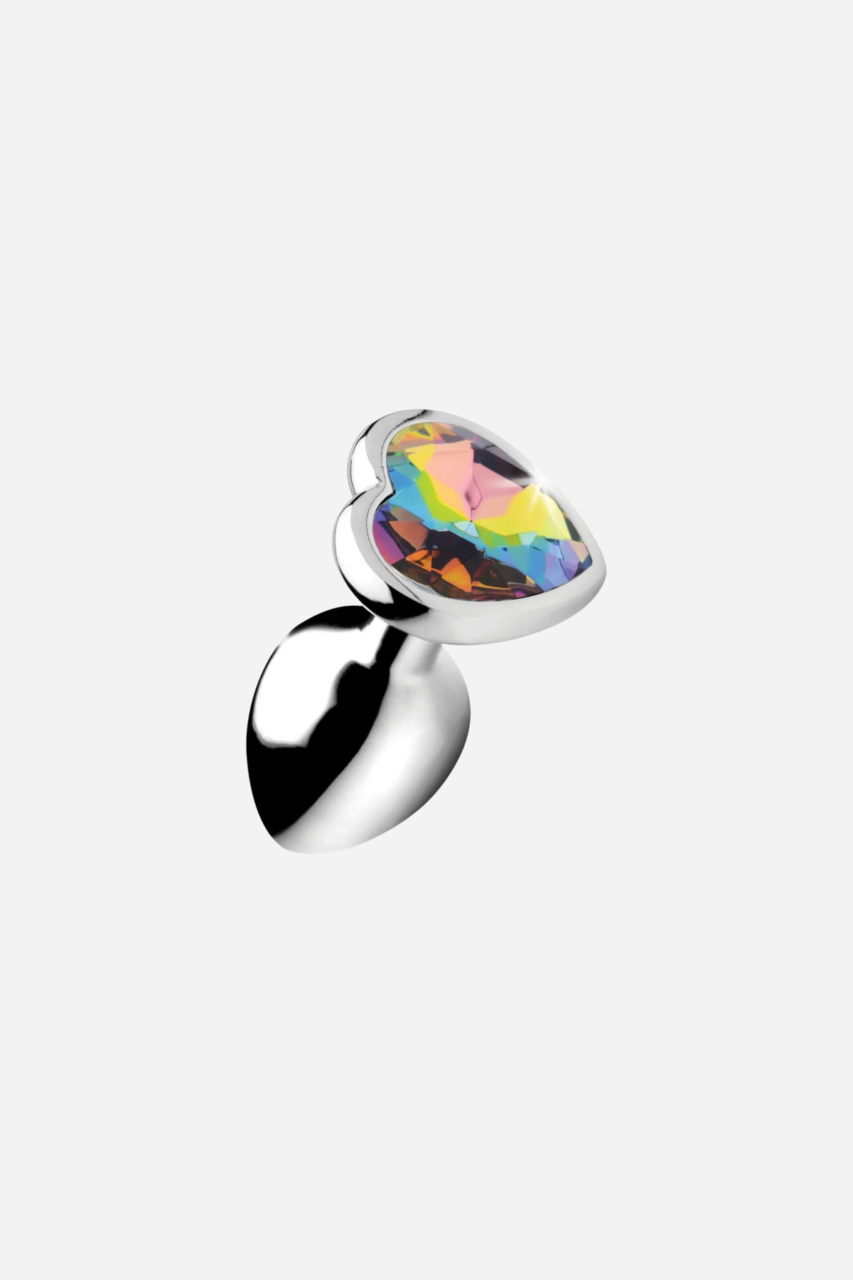Heart Sparks Butt Plug in polished silver metal with a rainbow heart-shaped gem base, angled to show the tapered bulb and narrow neck