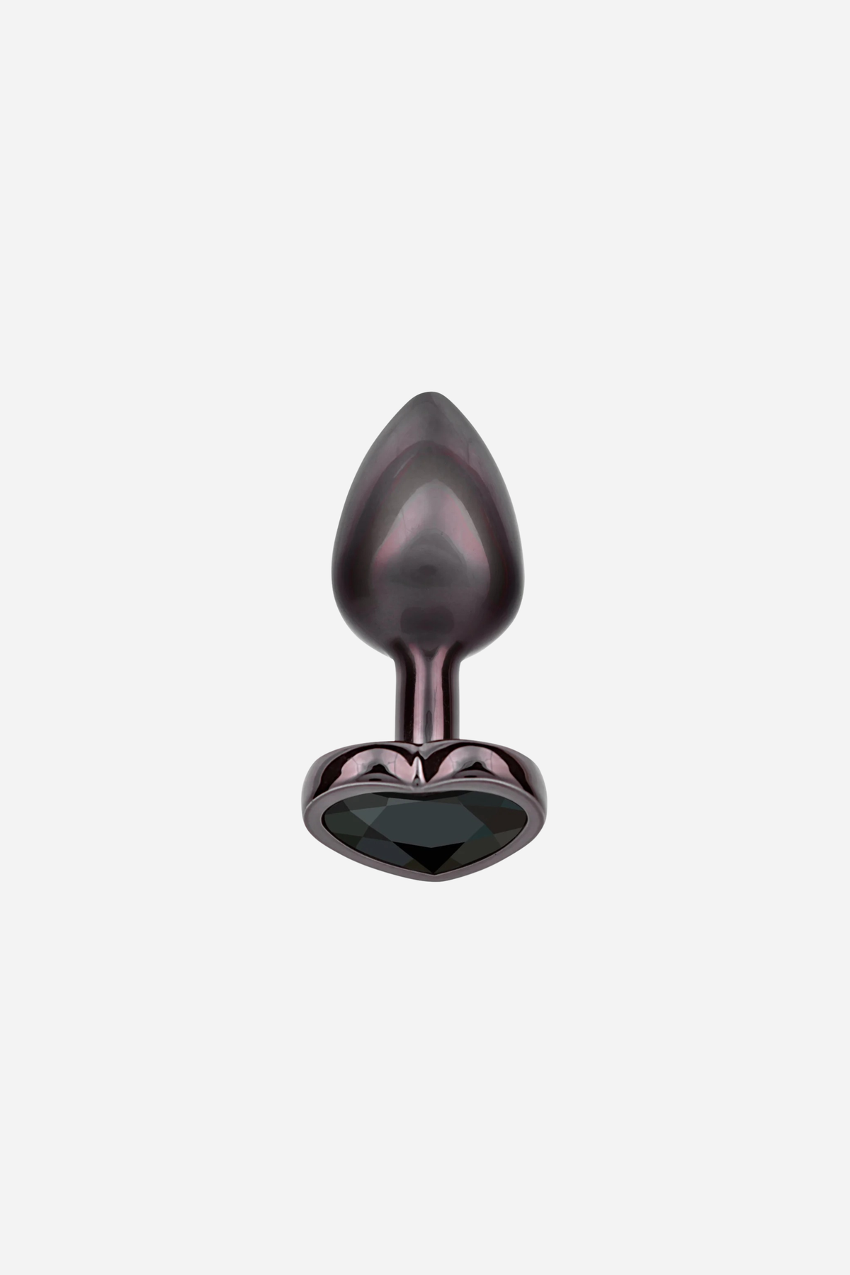 Heart Sparks Butt Plug in matte black metal with a black heart-shaped gem base, standing upright to show its smooth tapered teardrop bulb