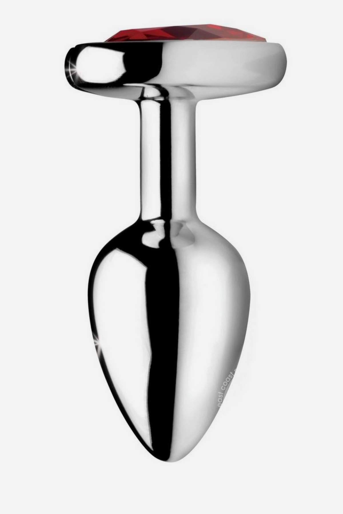 Side view of the silver Heart Sparks Butt Plug with a red gem, showing the classic tapered shape designed for easy, comfortable insertion