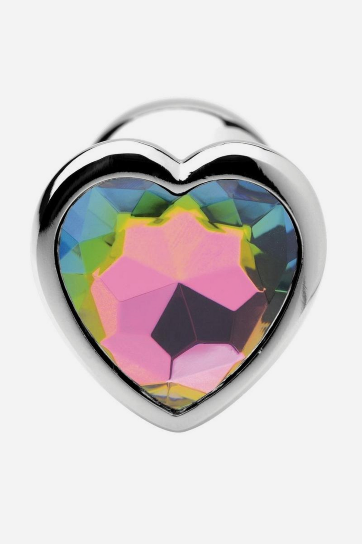 Close-up of the rainbow heart-shaped gem on the Heart Sparks Butt Plug, its iridescent facets shimmering in pink, green and gold tones