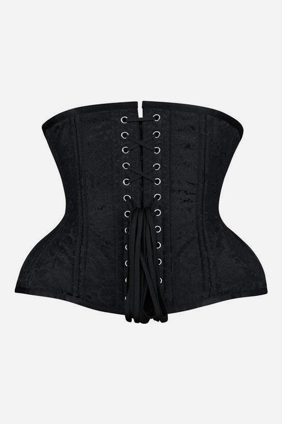 Back of the Hide and Seek curvy underbust corset in black brocade showing black laces crossed through two rows of silver grommets with long ties