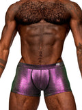 close up of torso and pelvic are of hairy black model with six back abs. model is wearing men's lingerie in shimmery purple iridescent shorts