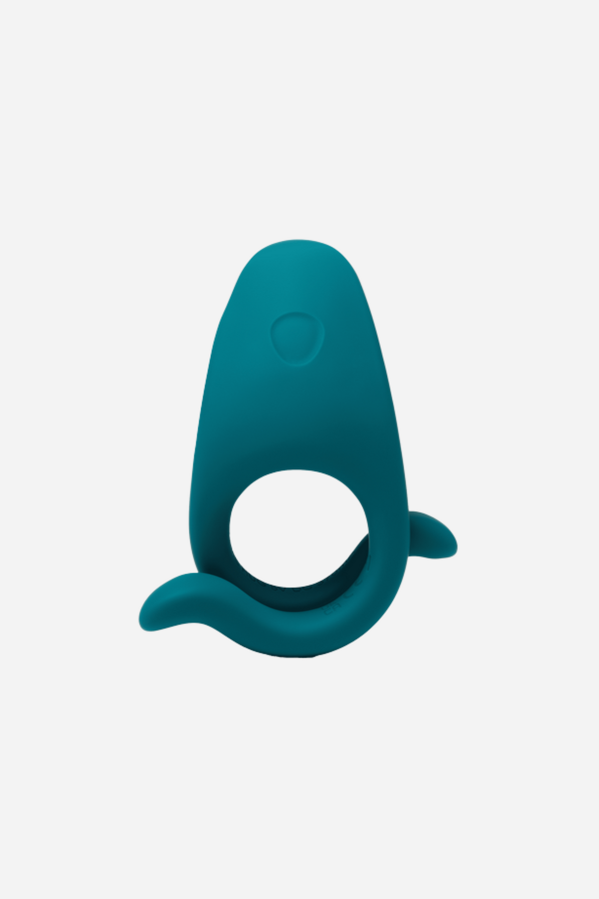 Evergreen fir Dame Hug vibrating cock ring, a soft silicone ring with a rounded vibrating top and curved wings, shown front on, on grey