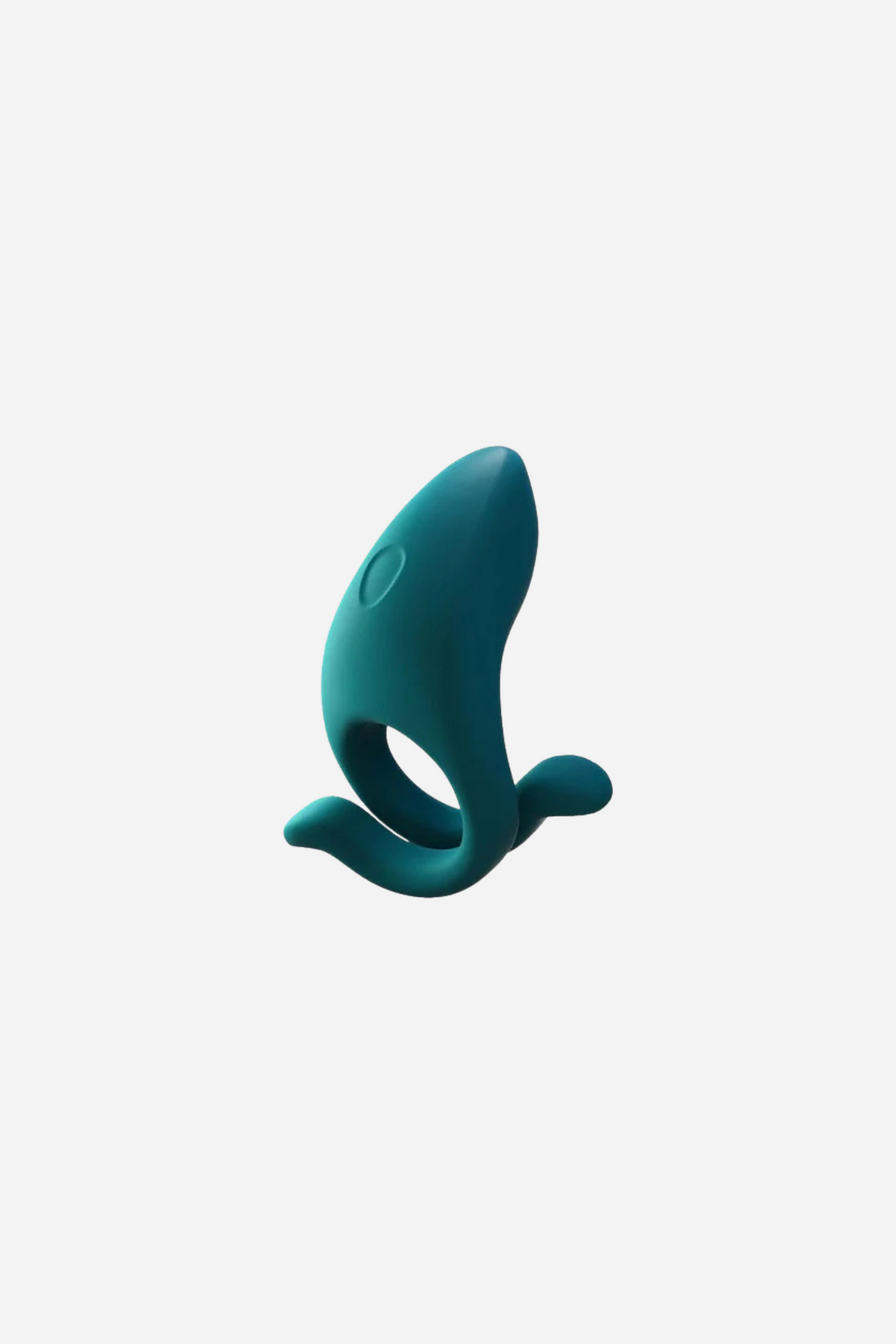 Angled side view of the evergreen fir Dame Hug vibrating cock ring showing the curved vibrating arm and the stretchy ring, on grey