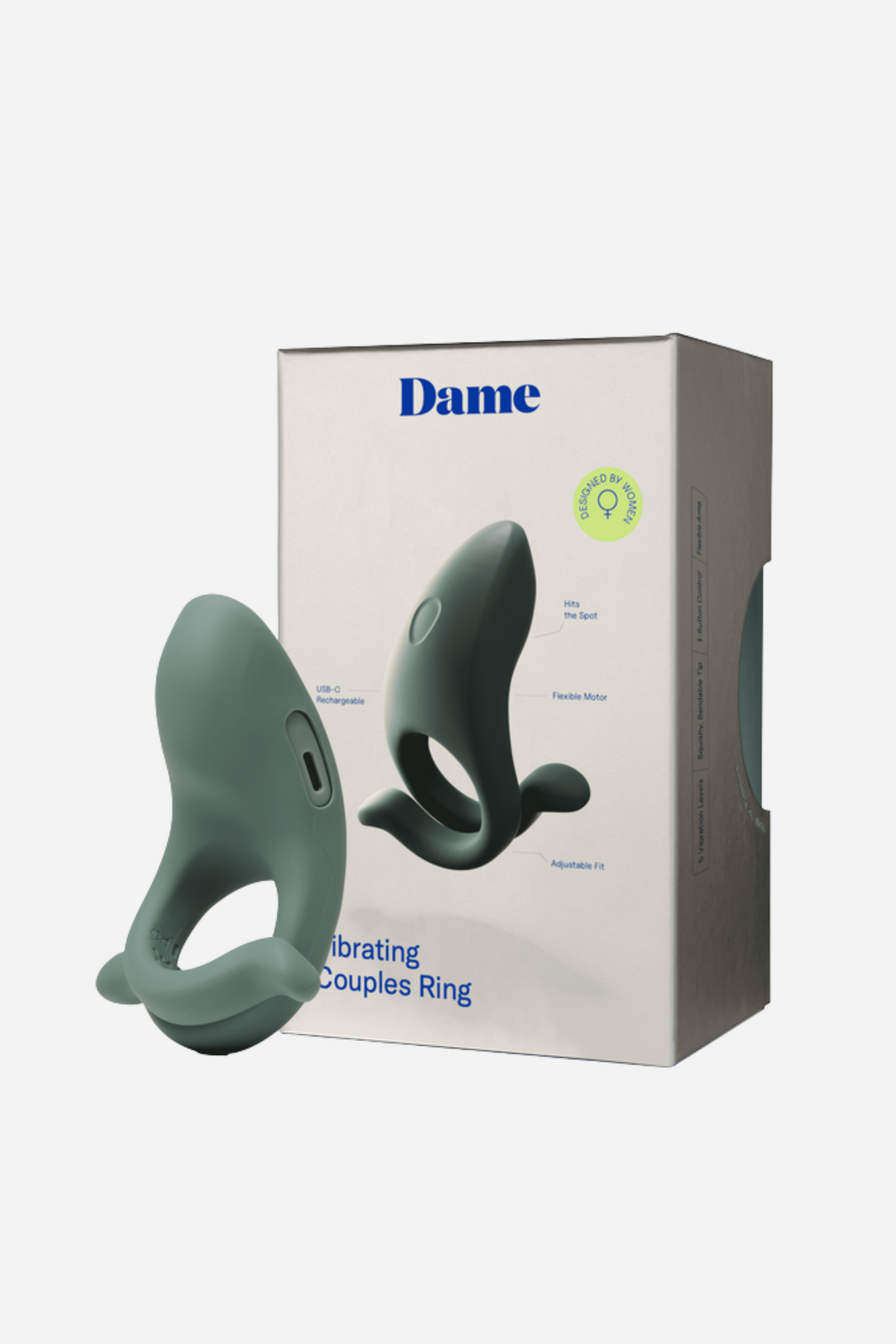 Steely green Dame Hug vibrating cock ring shown beside its retail box with the evergreen fir colour pictured on the front, on grey