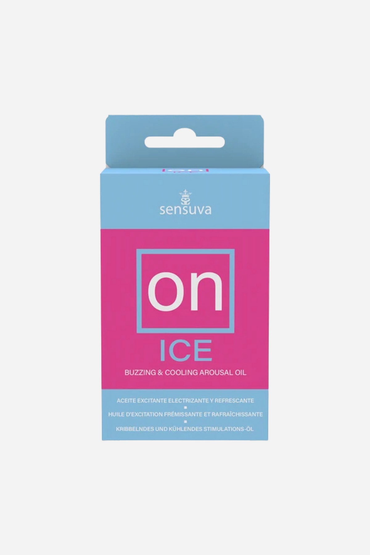 The retail box for Sensuva On Ice arousal oil, a pale blue carton with a bright pink panel reading on ICE, on a plain grey backdrop.