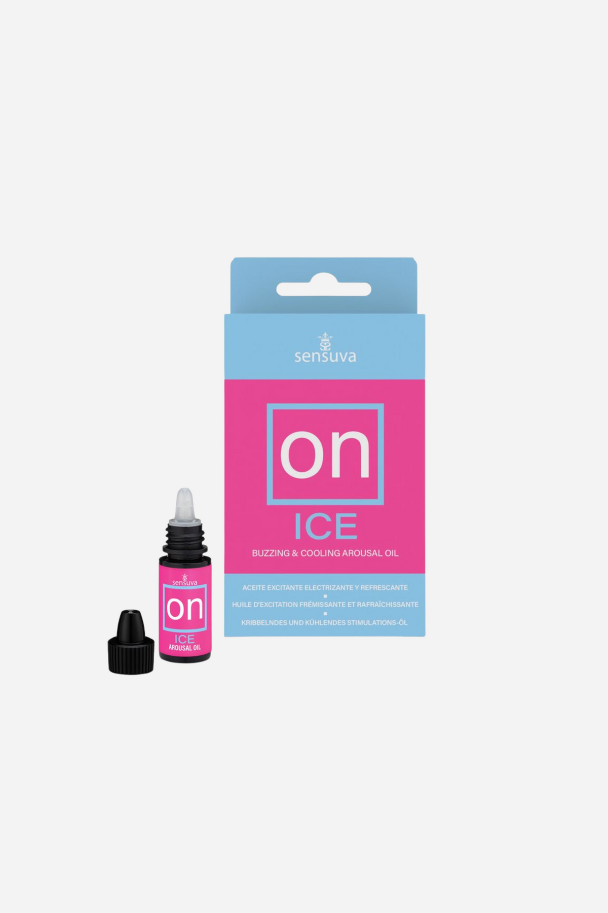 The small pink dropper bottle of On Ice arousal oil standing in front of its pale blue and pink retail box, on a plain grey backdrop.