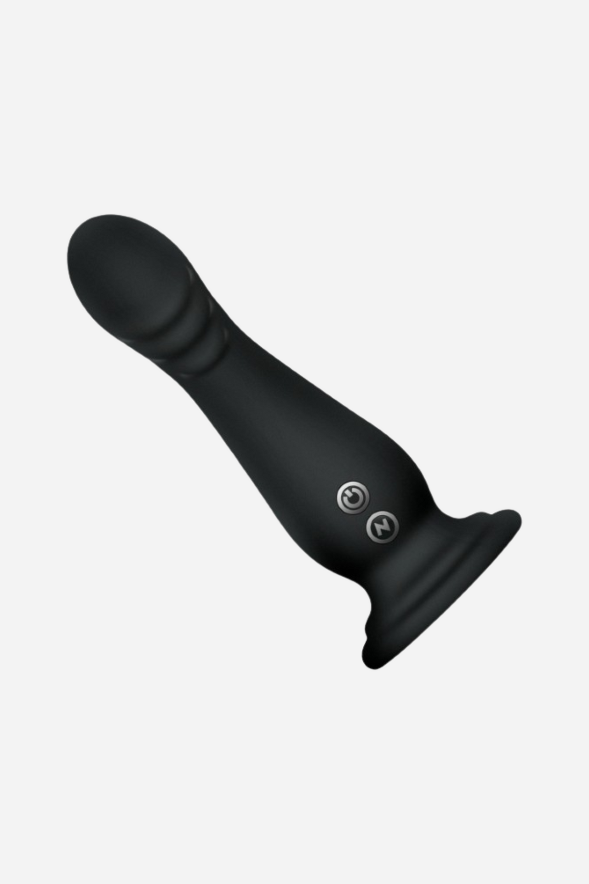 A side view of the black dildo angled across the frame, showing the ridged head, the two control buttons and the flat round suction base.