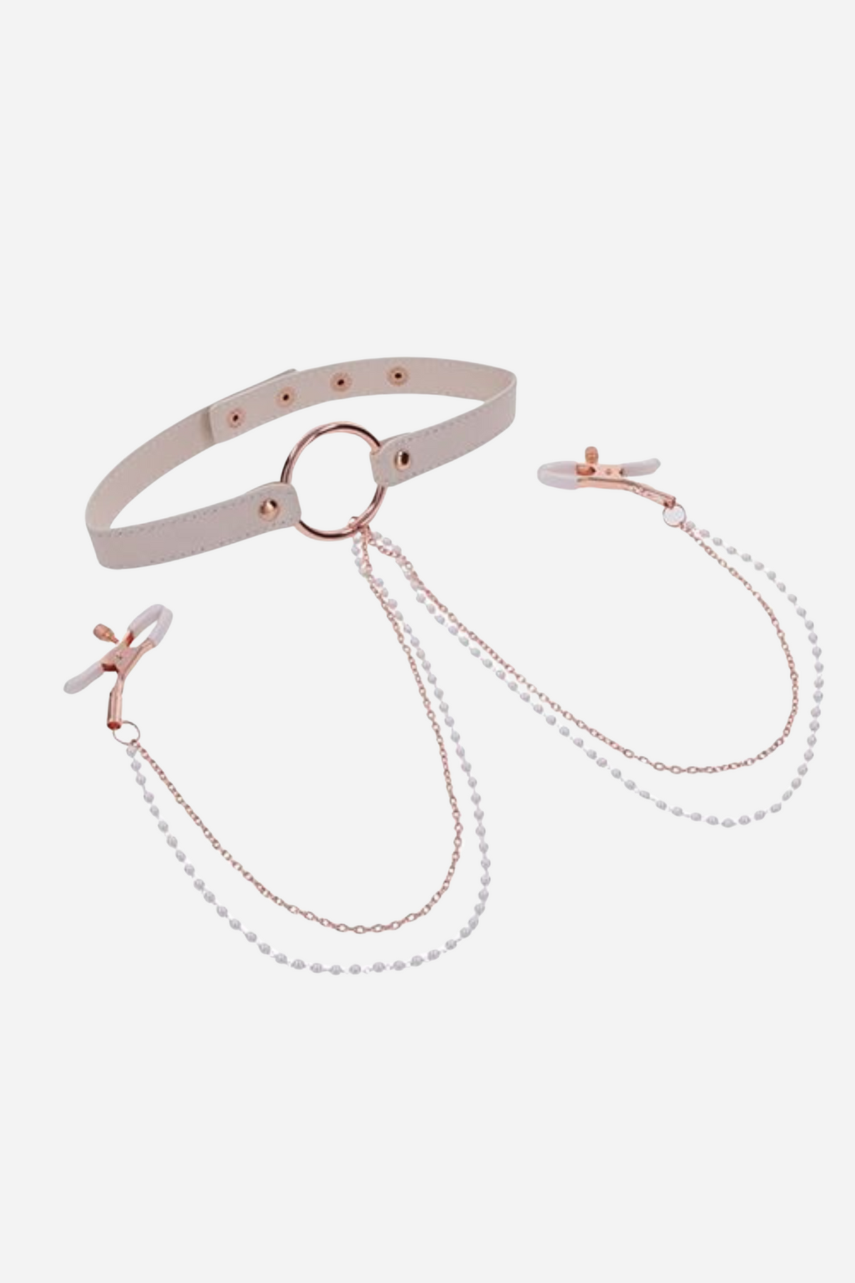 A peachy cream pink collar with a rose gold O-ring at the front and two fine chains hanging from it, each ending in a rose gold nipple clamp.