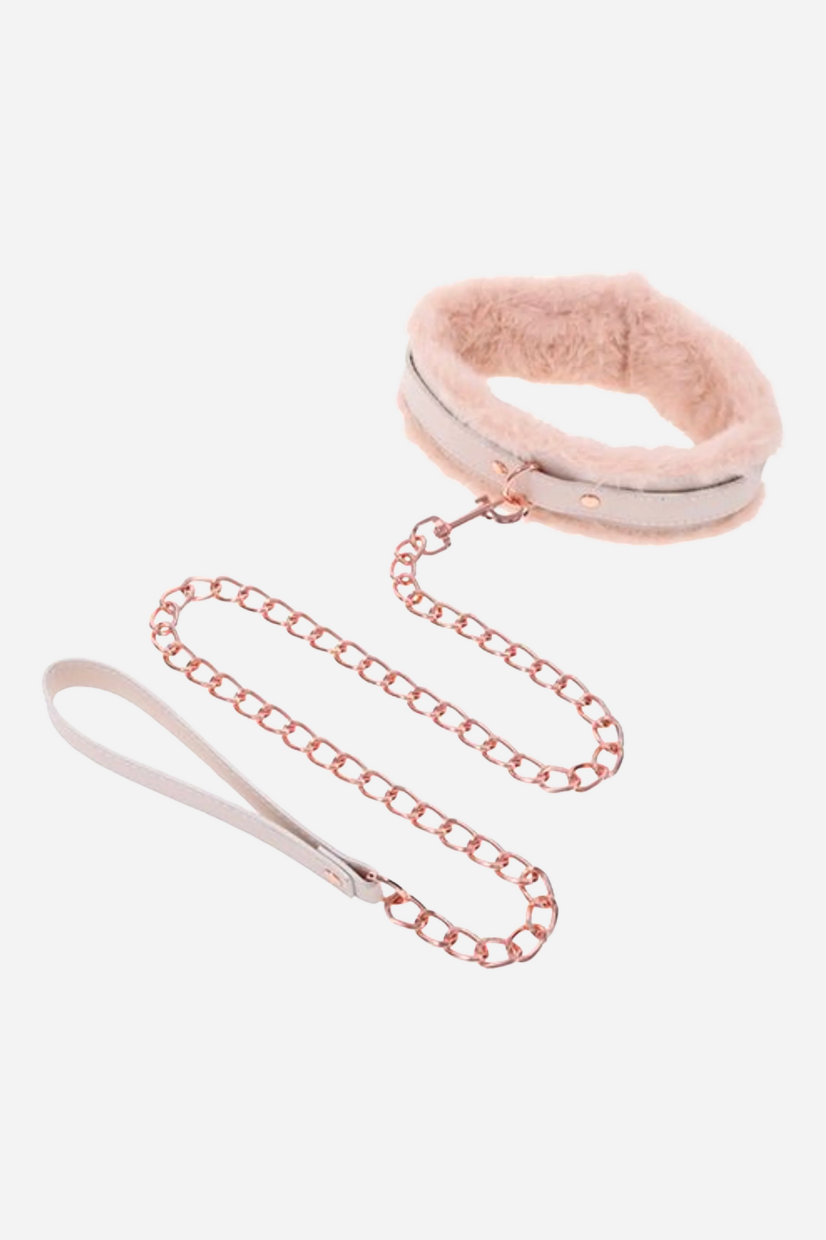 Peachy pink faux fur collar with a cream vegan leather band and rose gold hardware, clipped to a rose gold chain leash ending in a cream leather hand loop.