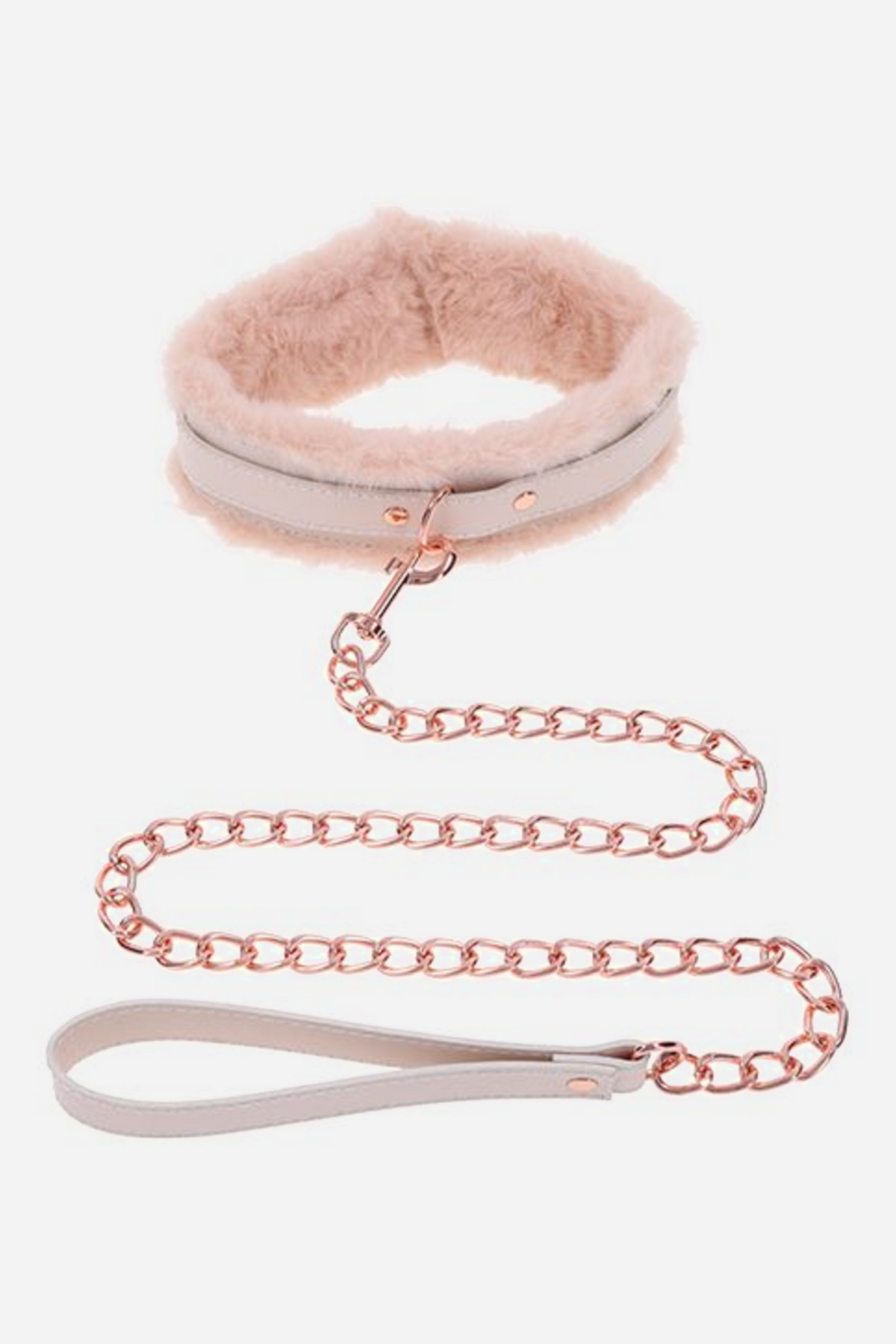 Front view of the Inner Flirt set, a fluffy peach faux fur collar with rose gold snap hook leading down a looping rose gold chain to the cream hand strap.