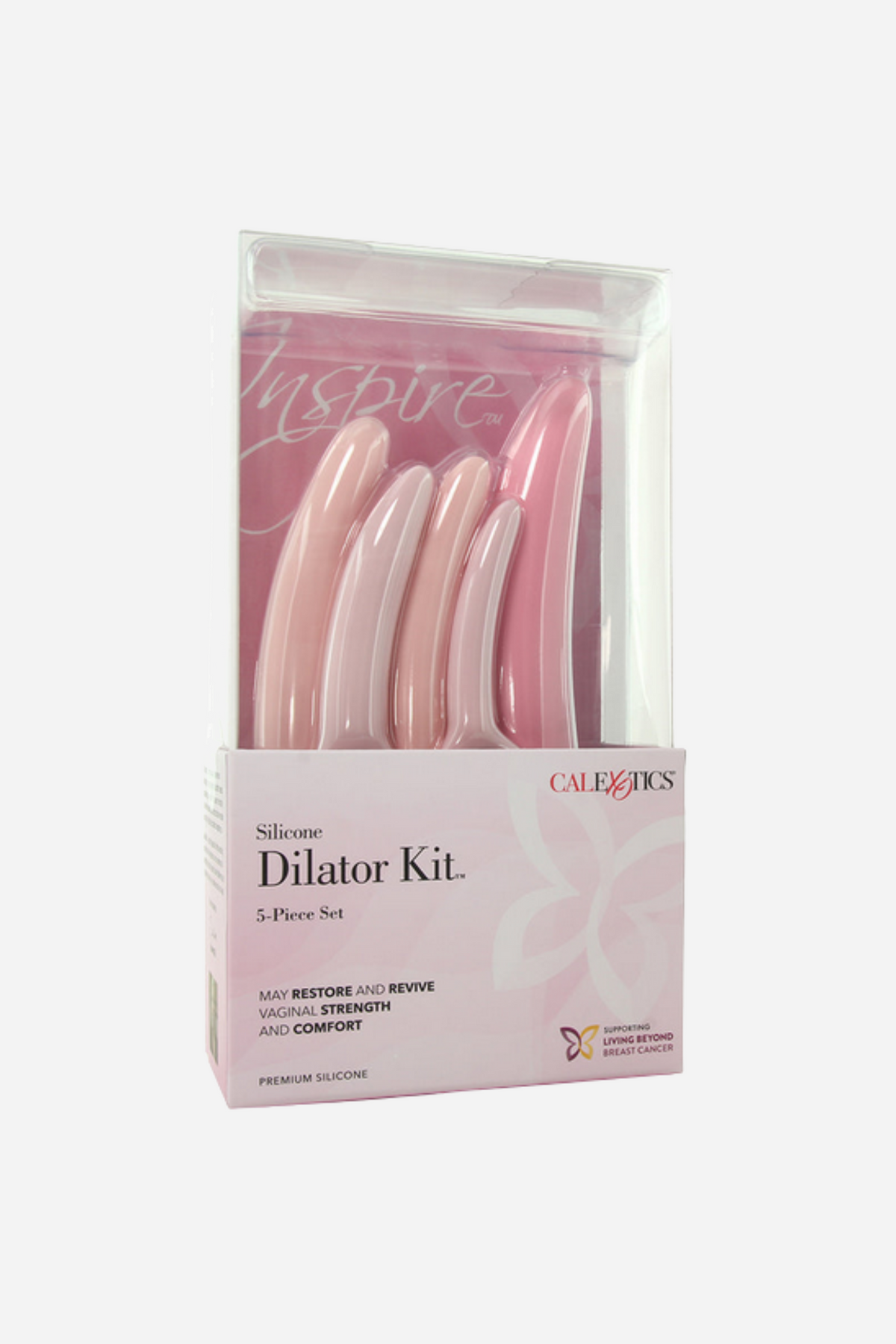 The retail box for the Inspire Silicone Dilator Kit, a clear window showing the five pink dilators above the CalExotics name and product text.