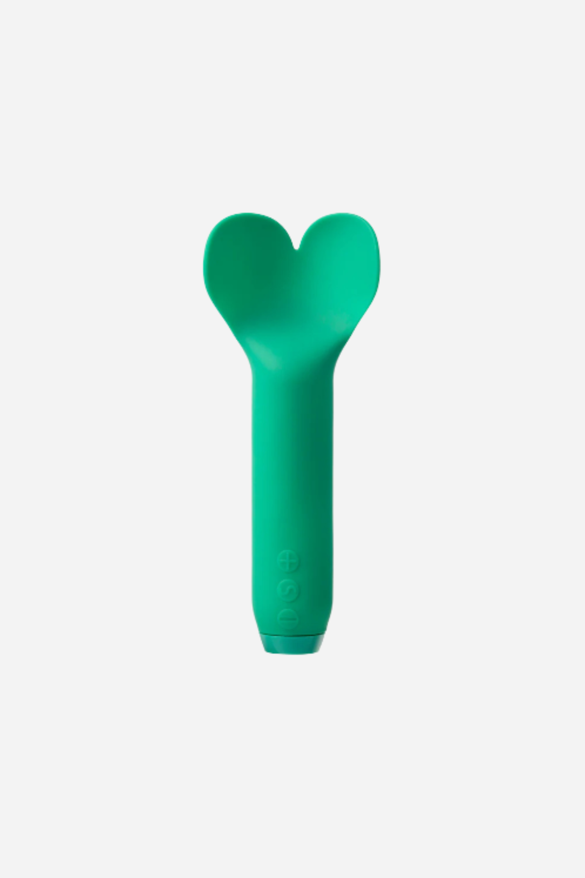 The Je Joue Amour flutter bullet in teal green on grey, the same heart shaped head and slim tapered handle shown from the front.
