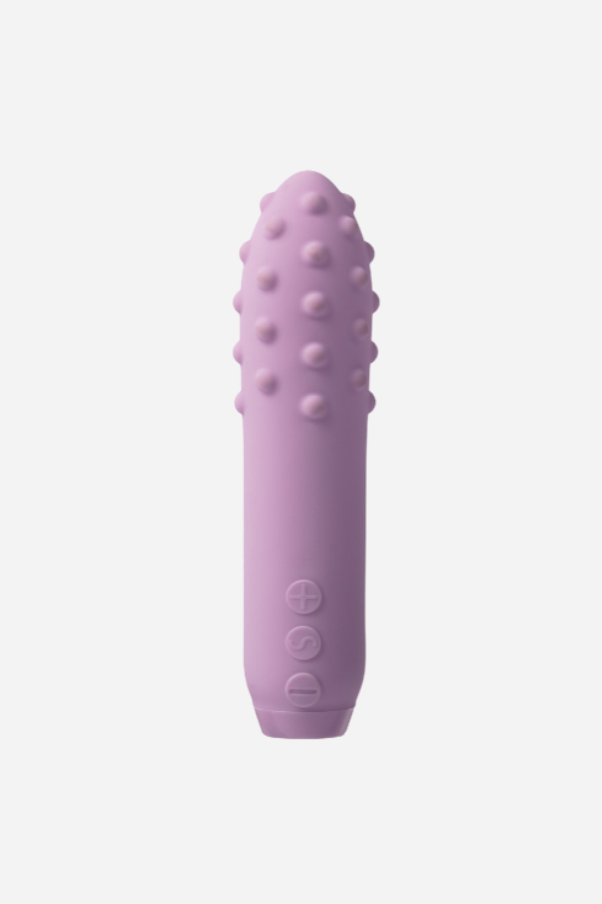 Je Joue Duet textured bullet vibrator in Lilac, front view of the slim body with raised textured nubs and control buttons, on light grey