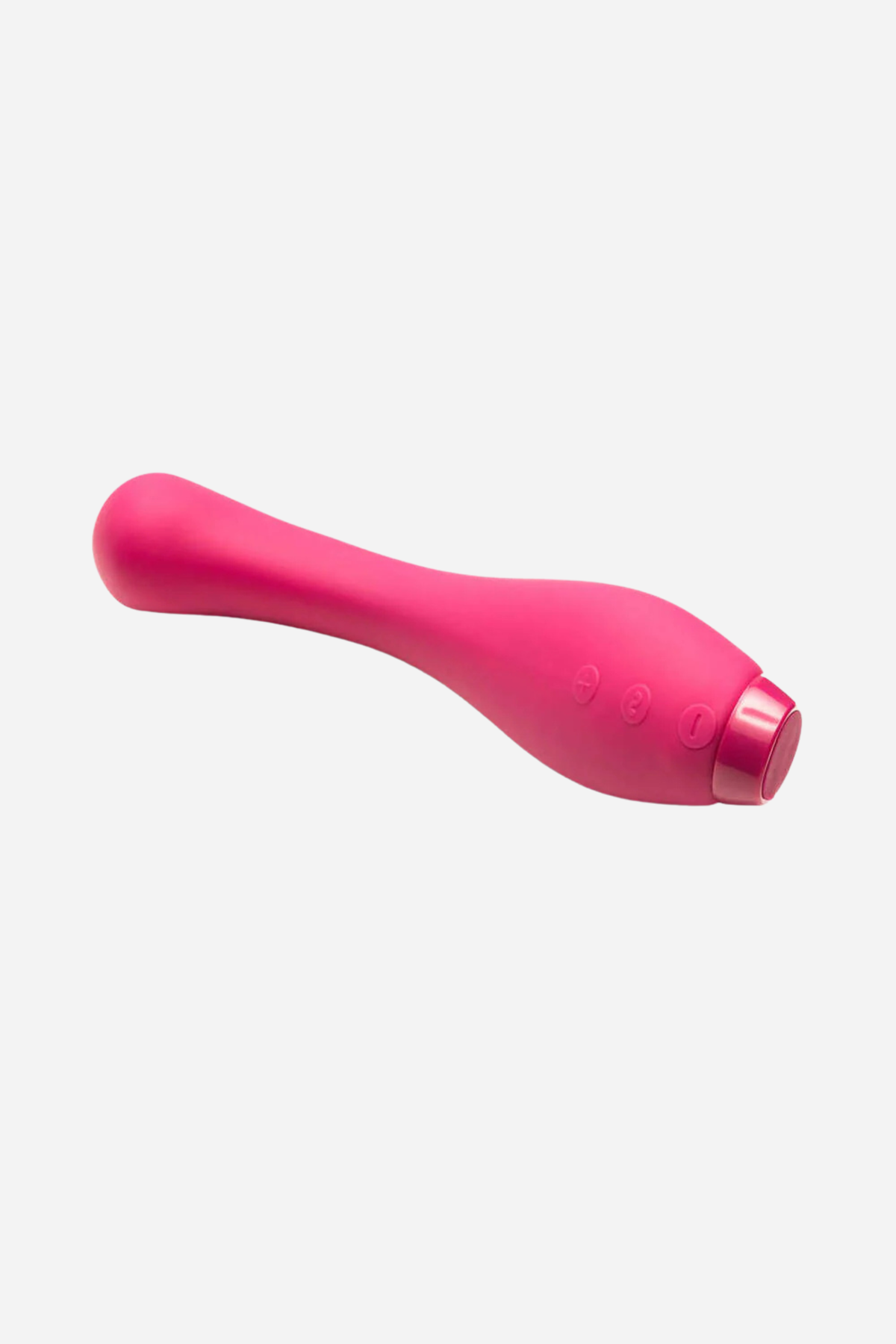 Je Joue Juno G-spot vibrator in Fuchsia lying on its side, showing the tapered body, rounded tip and charging port on light grey