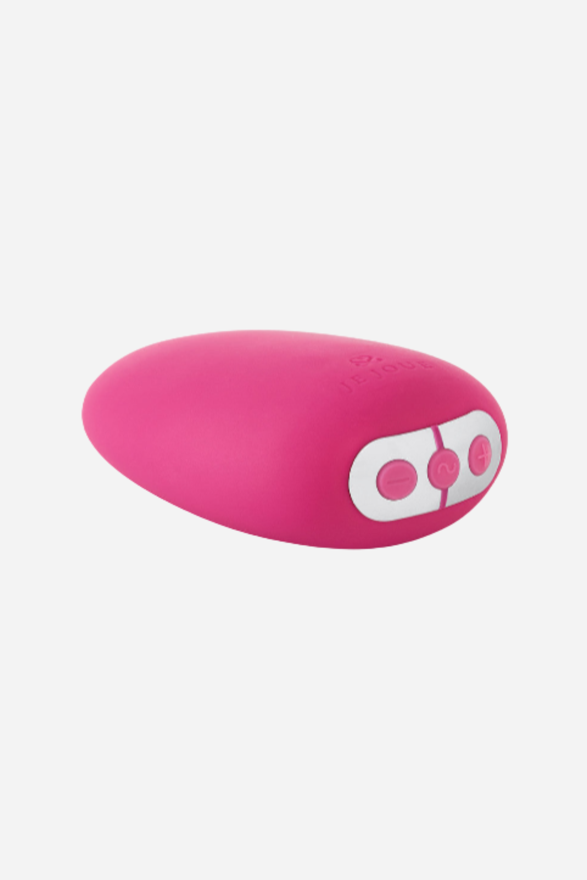 Fuchsia Je Joue Mimi Soft palm vibe on grey, a smooth pebble-shaped silicone vibrator with a silver three-button control panel at one end.