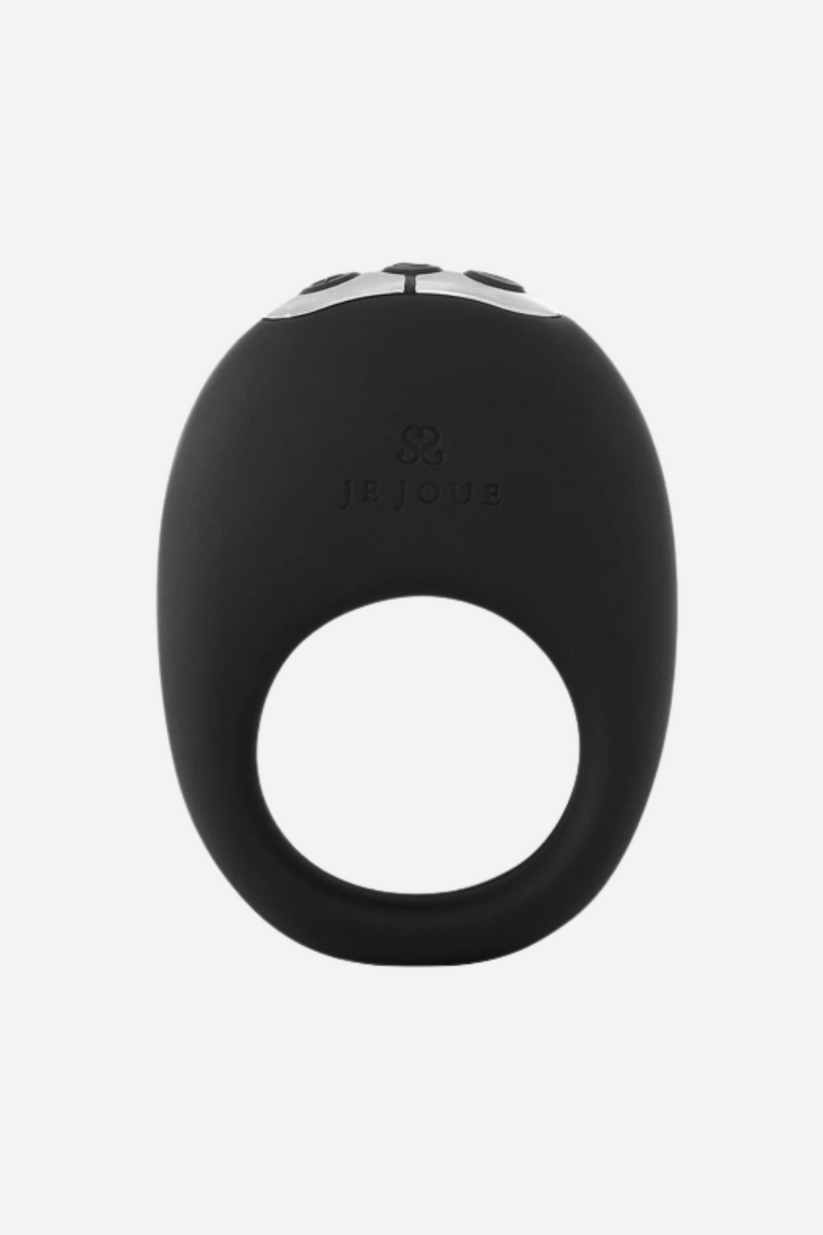 Black Je Joue Mio vibrating cock ring shown face on against a plain grey backdrop, a smooth silicone loop with a raised motor housing.