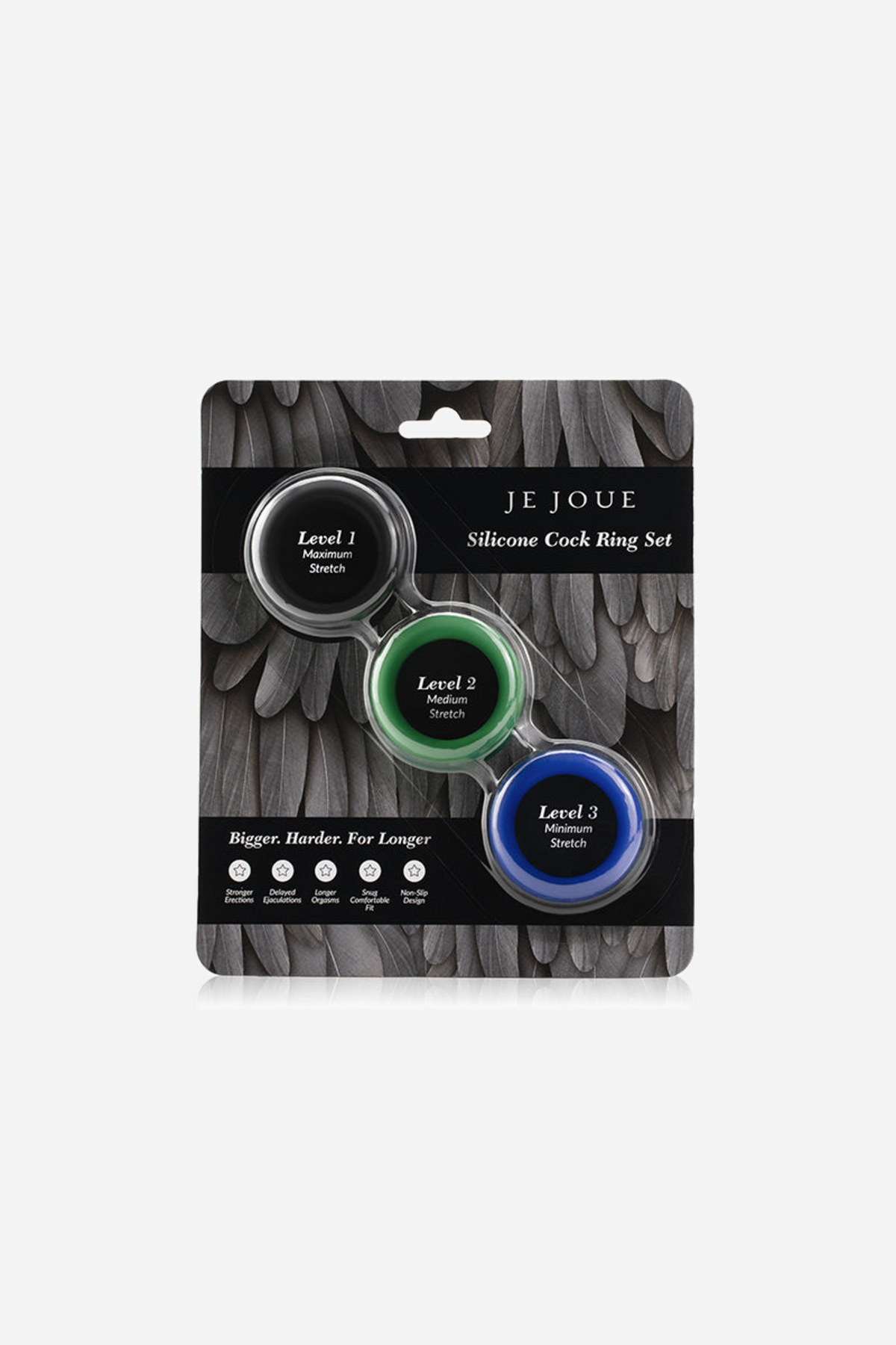 The Je Joue C-ring set shown in its retail card, with the three rings held in a window and the size of each one printed beside it.