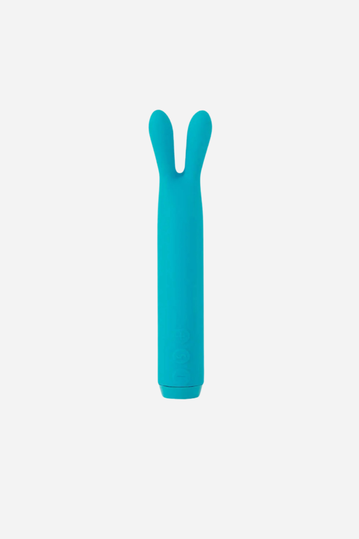 Je Joue Rabbit Bullet Vibrator in teal, standing upright to show its slim bullet body topped with flexible bunny ear tips, on light grey