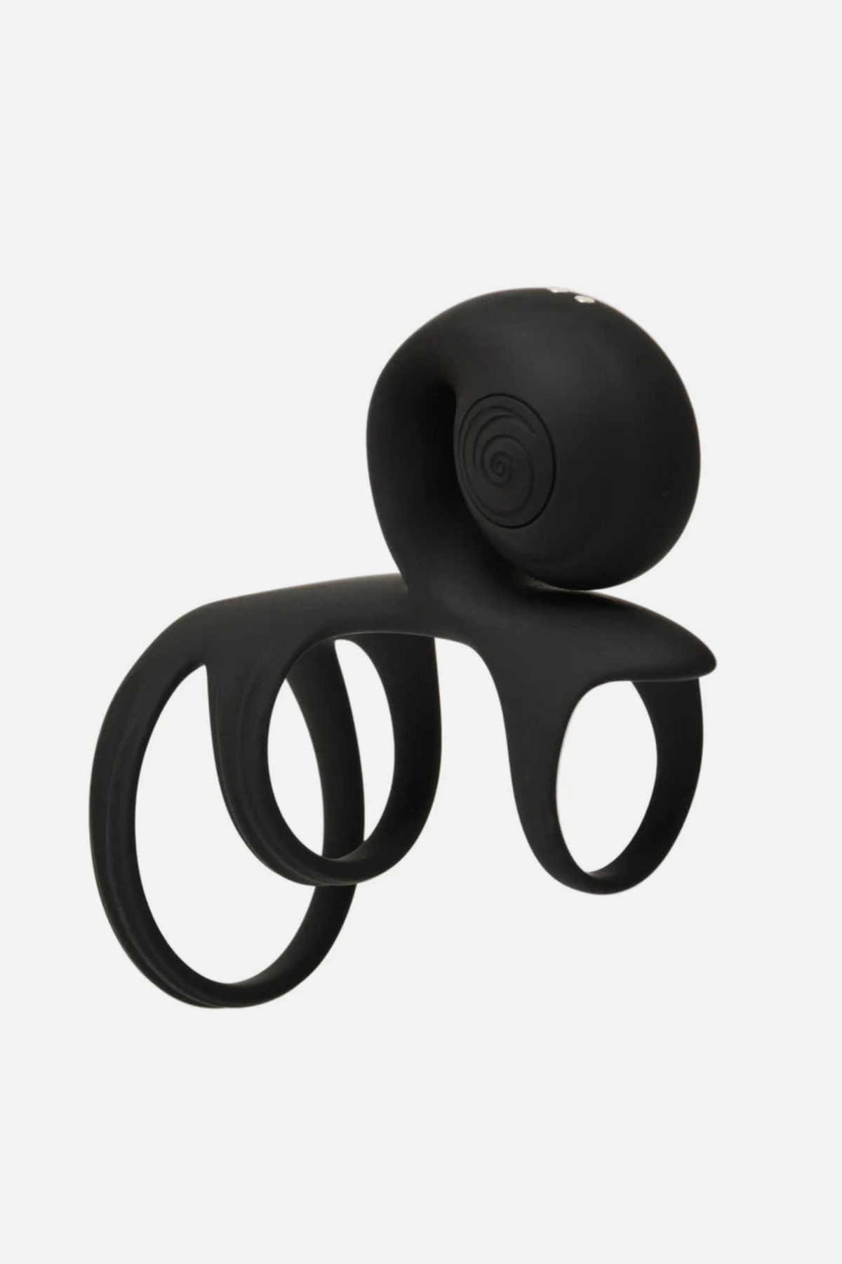 Jovi Tri Arc Cock Ring and Vibrating Sheath in black, angled to show the three flexible silicone rings and the arched vibrating motor
