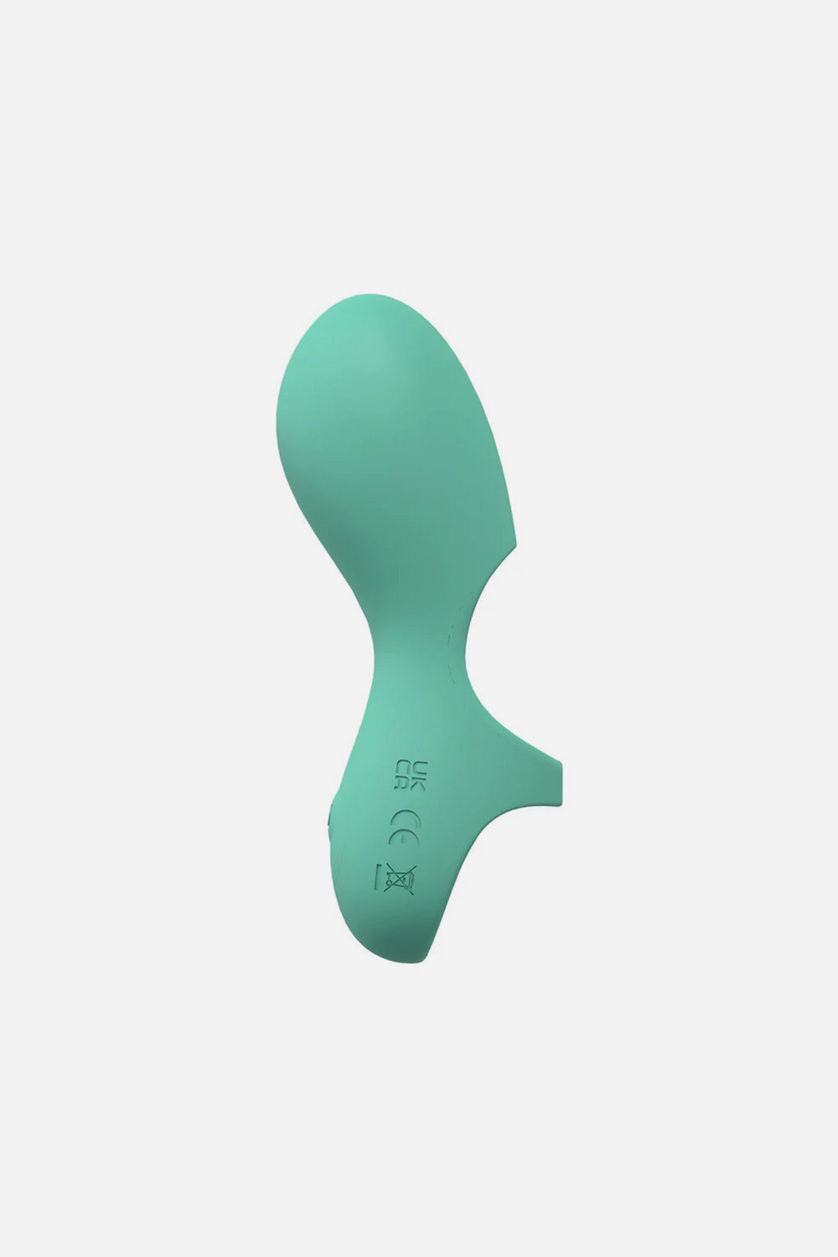 Side view of the mint green Joy wearable finger vibe showing the curved vibrating tip and the open finger sleeve, on grey