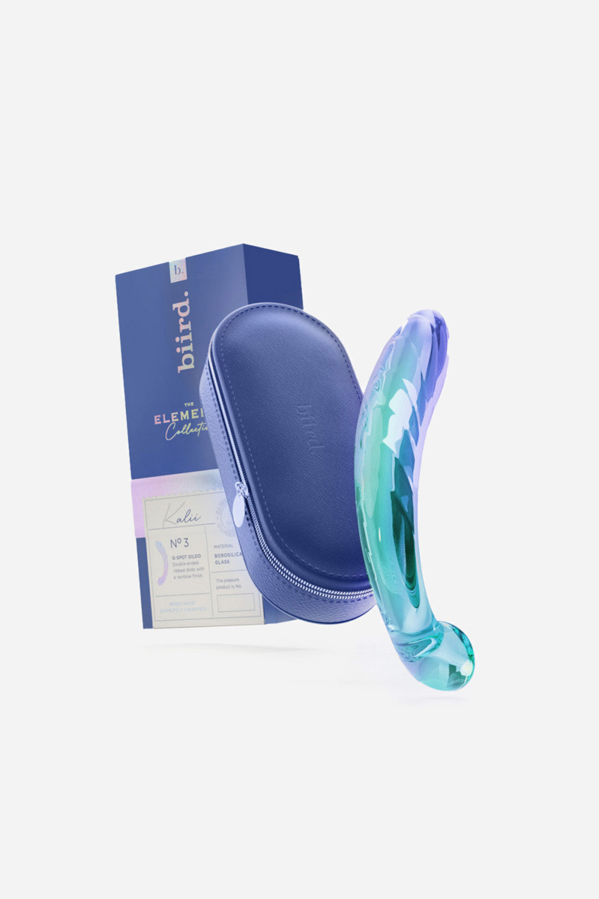 The Kalii glass wand standing beside its navy Biird gift box and matching soft storage pouch, shown as the set arrives boxed.