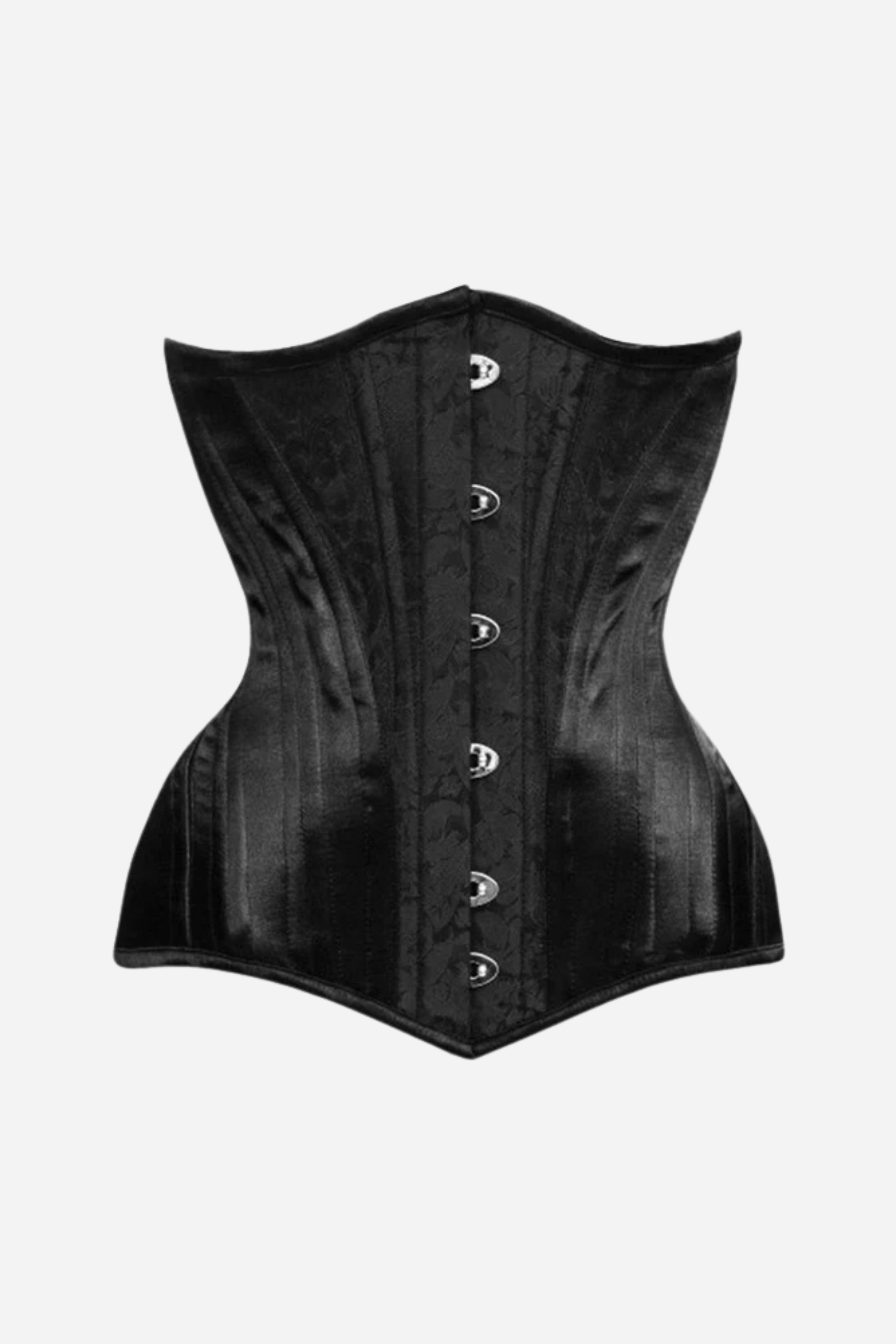 Black corset with silver claps on a white background