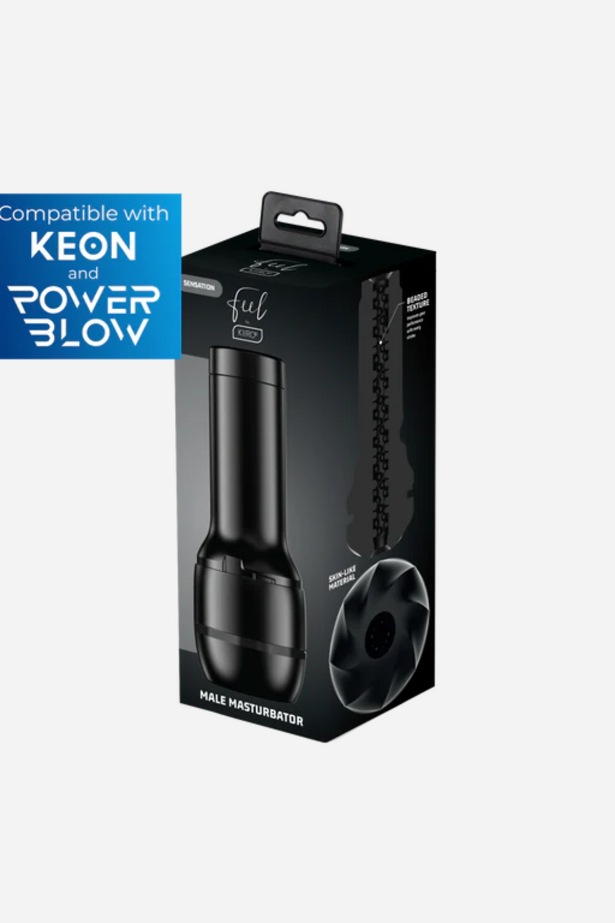 Retail box for the black Kiiroo Feel Generic Stroker, marked as compatible with Keon and PowerBlow and labelled a male masturbator.
