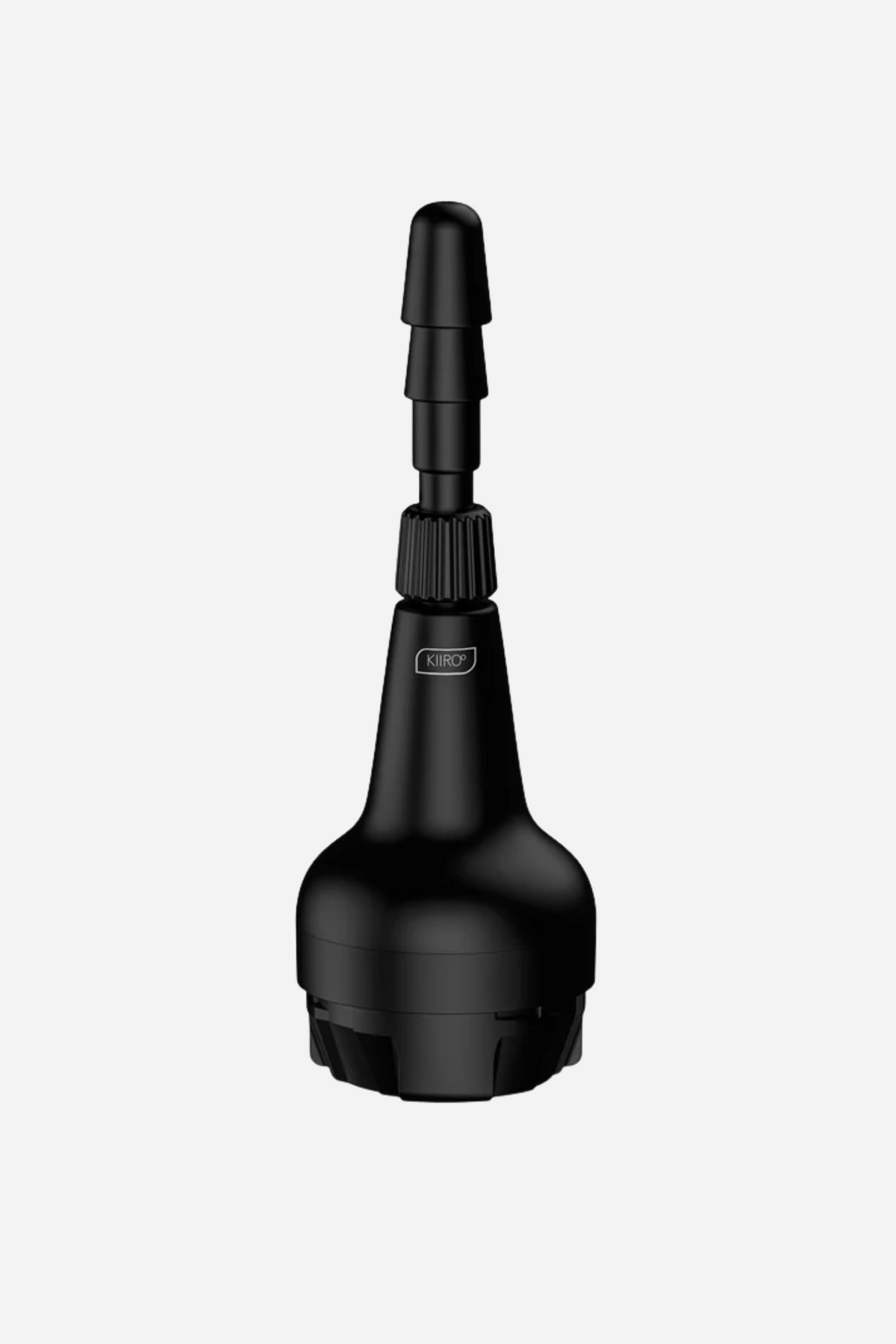 The black Keon dildo adapter standing upright, a ridged connector stem rising from a wide flared cup base, against a plain grey backdrop.