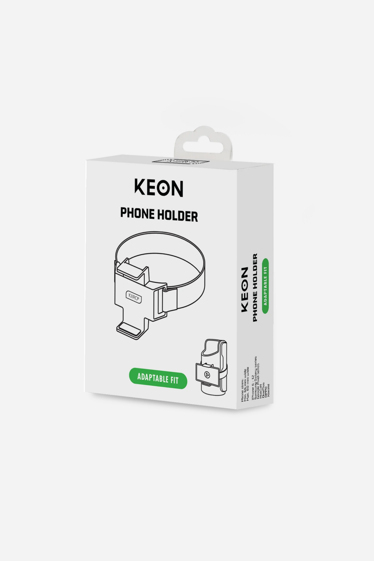 The Keon Phone Holder retail box, a white carton printed with the product name and a line drawing of the holder on the front panel