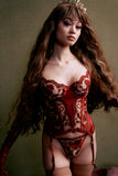 asian model with long wavy brown hair is wearing a Kilo Brava Embroidery Merrywidow bustier top in Ruby Wine and matching g-string