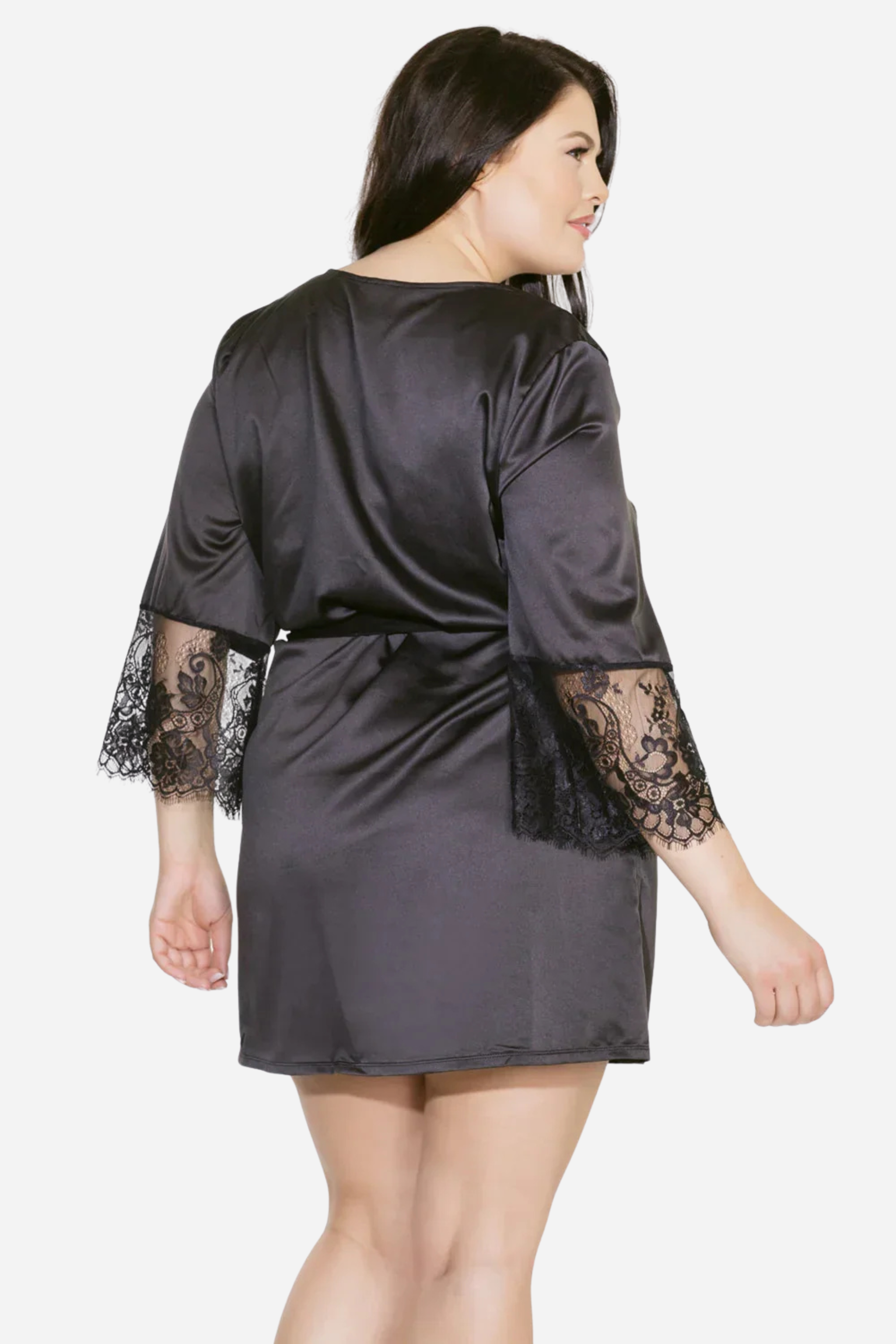 Satin Robe with Lace Sleeves in Black