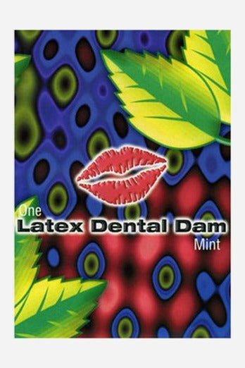 Mint flavored latex dental dam packet with a bright psychedelic pattern, green mint leaves and a red lips logo, front view