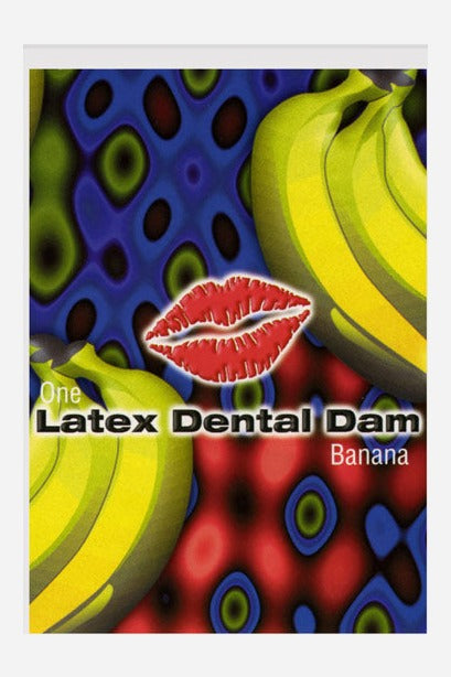 Banana flavored latex dental dam packet with a bright psychedelic pattern, yellow bananas and a red lips logo, front view