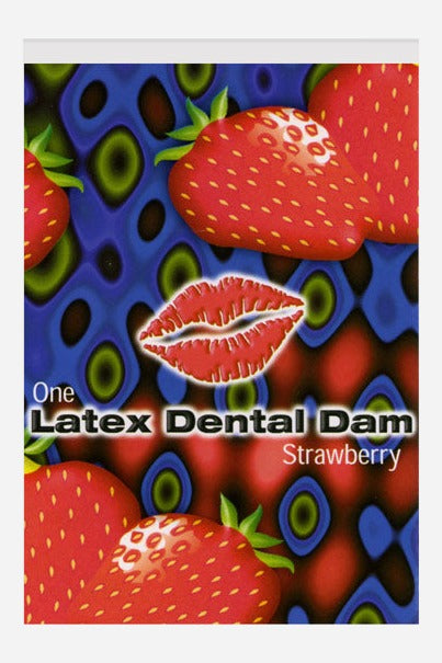Strawberry flavored latex dental dam packet with a bright psychedelic pattern, red strawberries and a red lips logo, front view