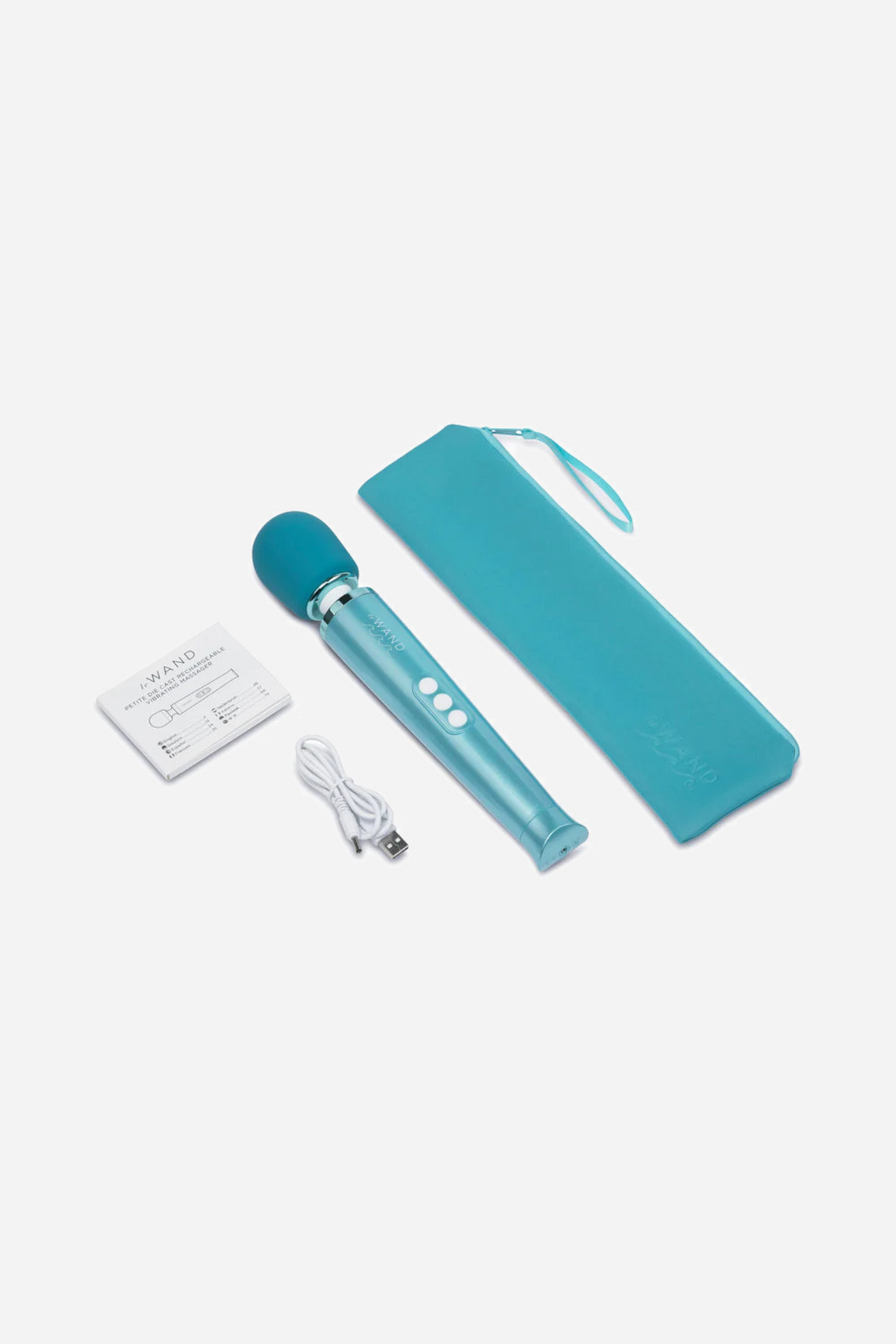 Everything included with the Le Wand Dive, shown together: the teal wand, its charging cable, a printed guide and a teal storage pouch